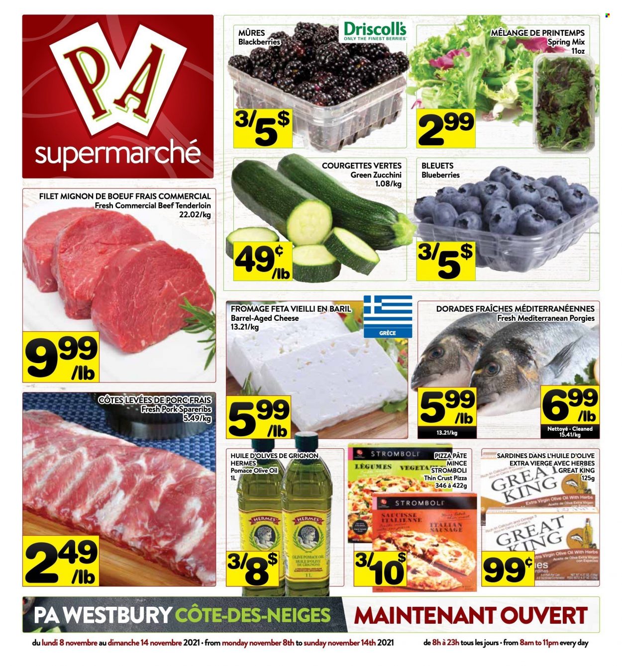 thumbnail - PA Supermarché Flyer - November 08, 2021 - November 14, 2021 - Sales products - zucchini, blackberries, blueberries, sardines, pizza, sausage, italian sausage, feta, extra virgin olive oil, olive oil, oil, beef meat, beef tenderloin, pork spare ribs, olives. Page 1.