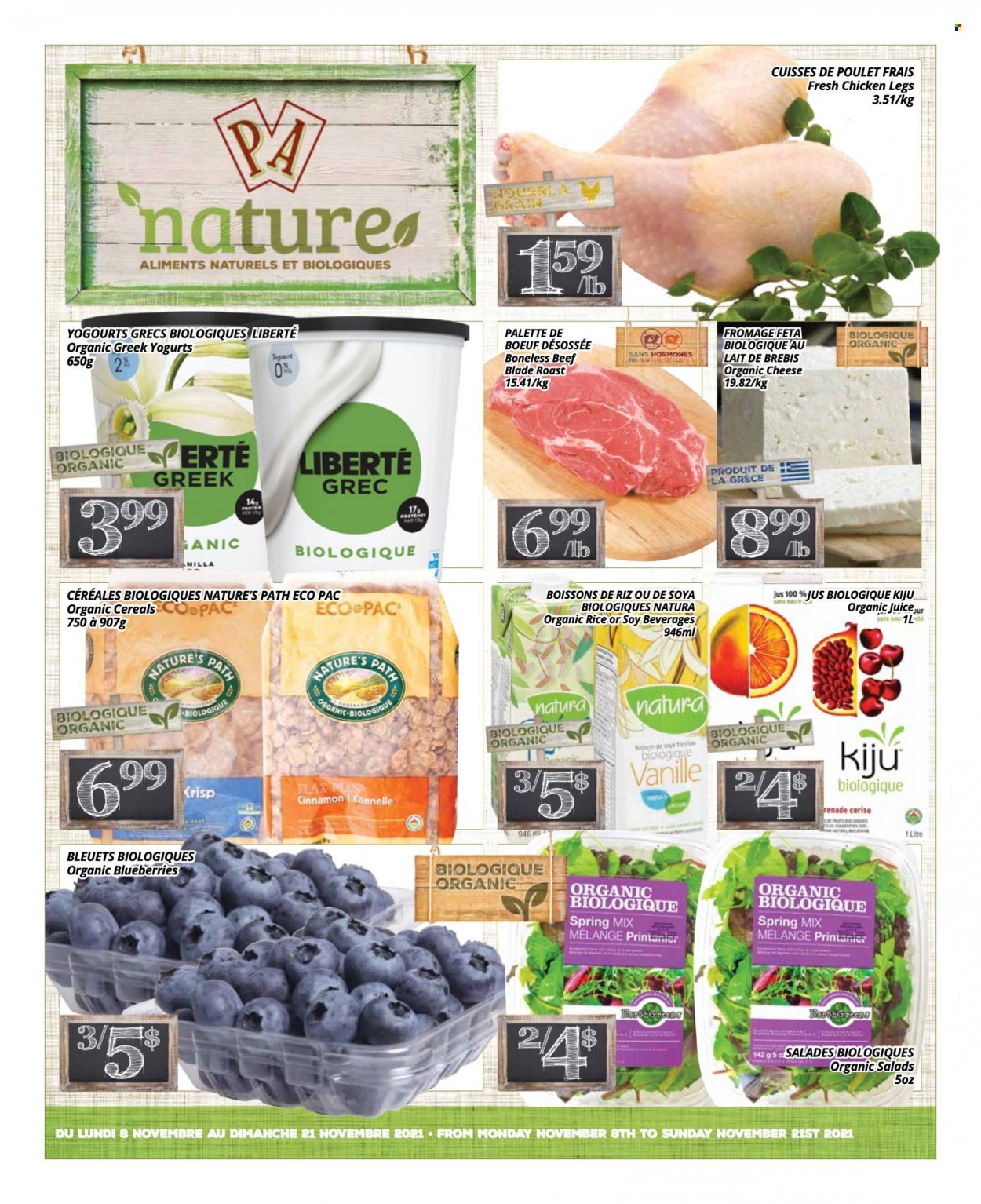 thumbnail - PA Nature Flyer - November 08, 2021 - November 21, 2021 - Sales products - salad, blueberries, cheese, feta, cereals, cinnamon, juice, chicken legs, chicken. Page 1.