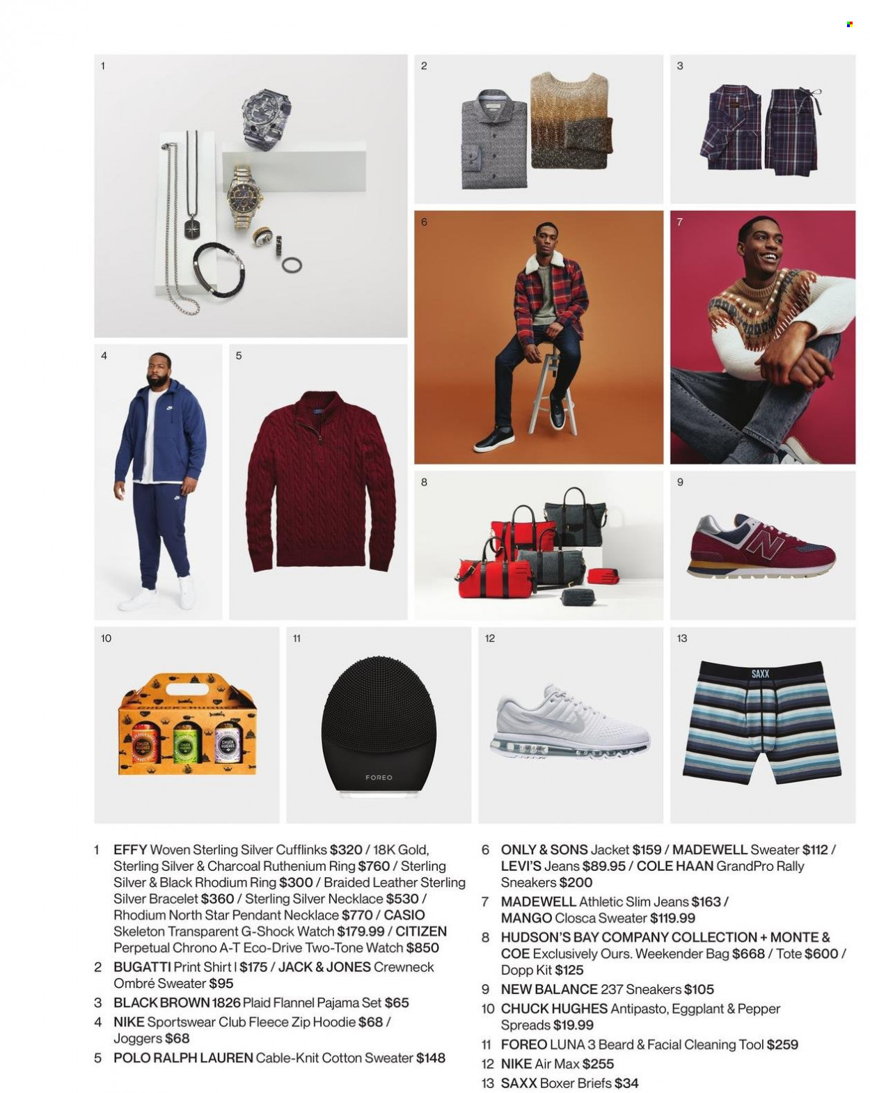 thumbnail - Hudson's Bay Flyer - Sales products - Nike, dopp kit, cleaning tools, bag, deco strips, Casio, tote, jacket, Levi's, sweater, hoodie, joggers, bracelet, necklace, watch, pendant, pajamas, briefs, Saxx, New Balance, sneakers, shirt, jeans. Page 21.