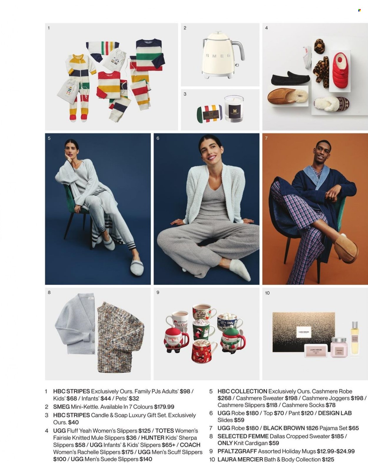 thumbnail - Hudson's Bay Flyer - Sales products - soap, gift set, Smeg, candle, tote, costume, cardigan, sherpa, sweater, joggers, socks, Hunter, pajamas, slides, slippers, UGG, robe. Page 23.