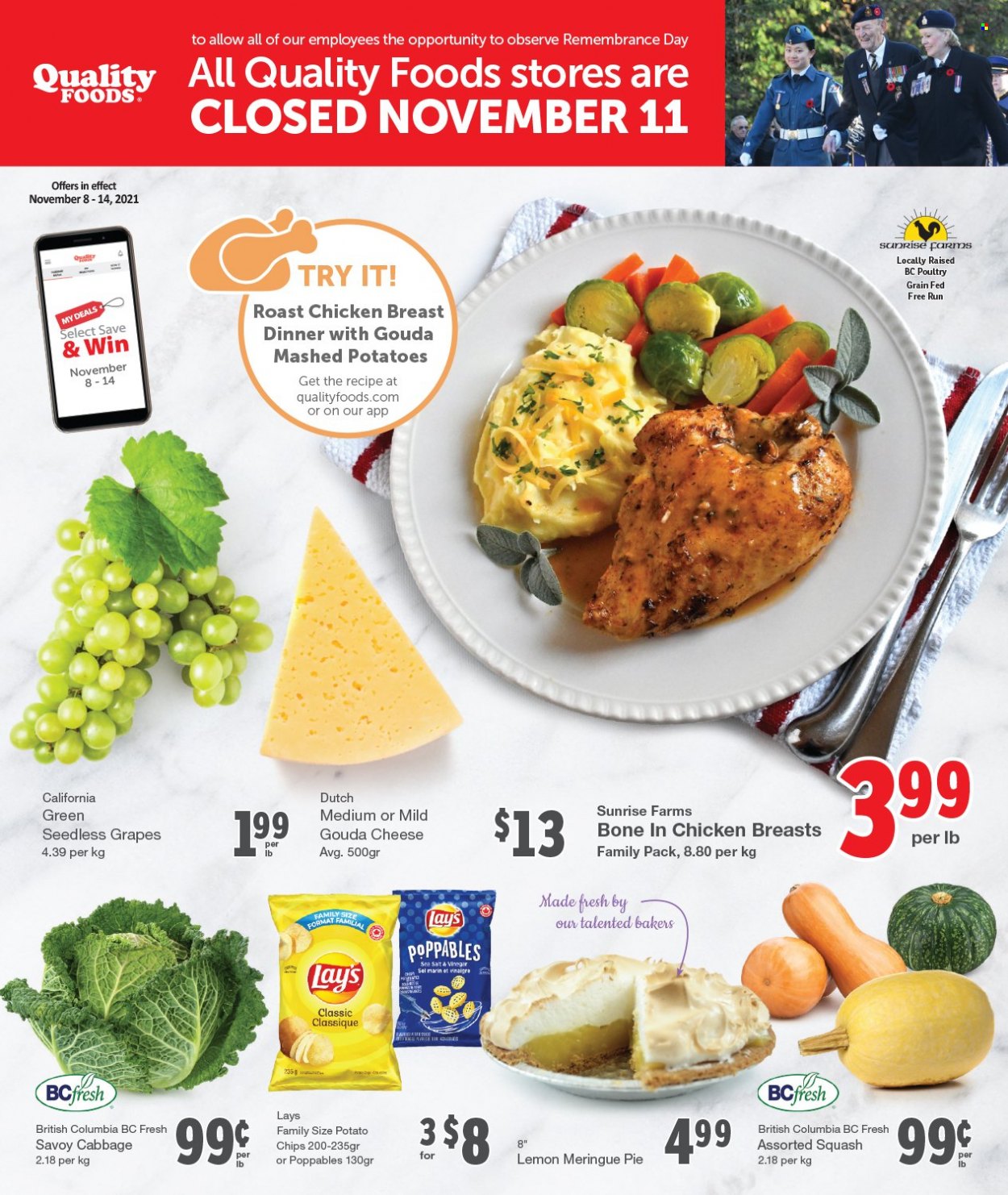 thumbnail - Quality Foods Flyer - November 08, 2021 - November 14, 2021 - Sales products - cabbage, grapes, seedless grapes, mashed potatoes, chicken roast, gouda, cheese, potato chips, Lay’s, chicken breasts, chicken, Bakers, chips. Page 1.