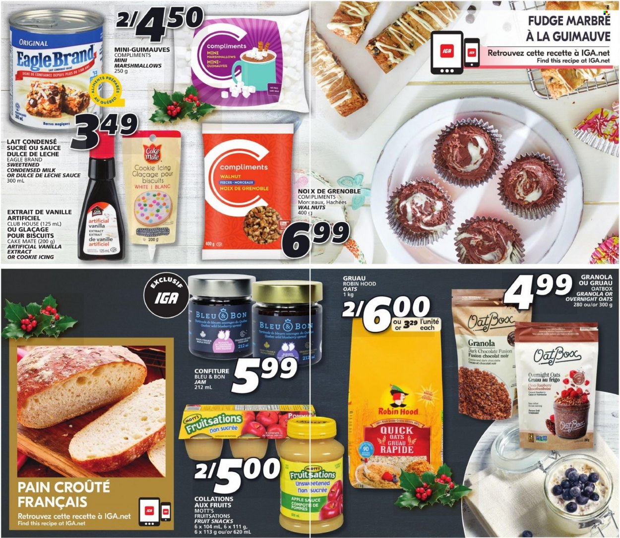 thumbnail - IGA Flyer - November 11, 2021 - November 17, 2021 - Sales products - cake, Mott's, sauce, milk, condensed milk, fudge, marshmallows, chocolate, biscuit, dark chocolate, fruit snack, cocoa, vanilla extract, compote, Quick Oats, apple sauce, fruit jam, walnuts, granola. Page 3.