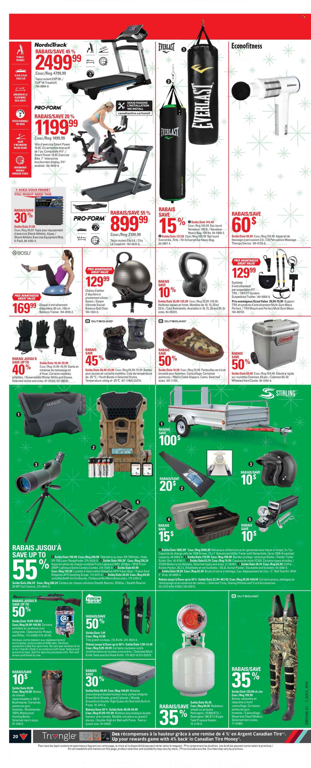 thumbnail - Canadian Tire Flyer - November 11, 2021 - November 17, 2021 - Sales products - bag, knife, percussion instrument, tank, Stirling, chair, bed, ball chair, boots, slippers, hunting boots, trainers, Coleman, treadmill, Everlast, heavy bag, binoculars, rangefinder, rifle, scope, trailer, motorcycle, heater, tires, Remington, camera. Page 20.