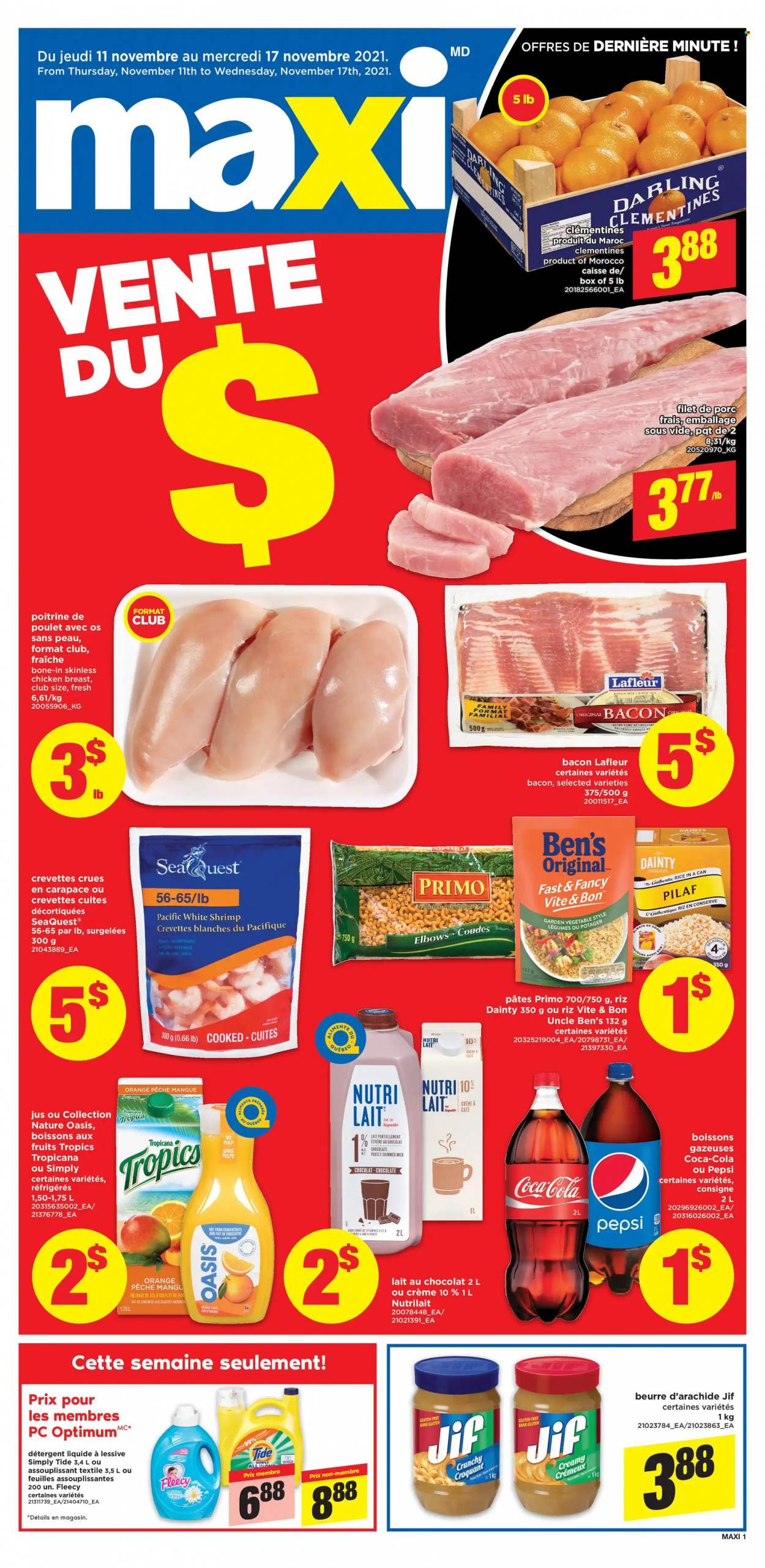 thumbnail - Maxi & Cie Flyer - November 11, 2021 - November 17, 2021 - Sales products - clementines, shrimps, bacon, milk, chocolate, Uncle Ben's, rice, Jif, Coca-Cola, Pepsi, chicken breasts, chicken, Tide, detergent, oranges. Page 1.