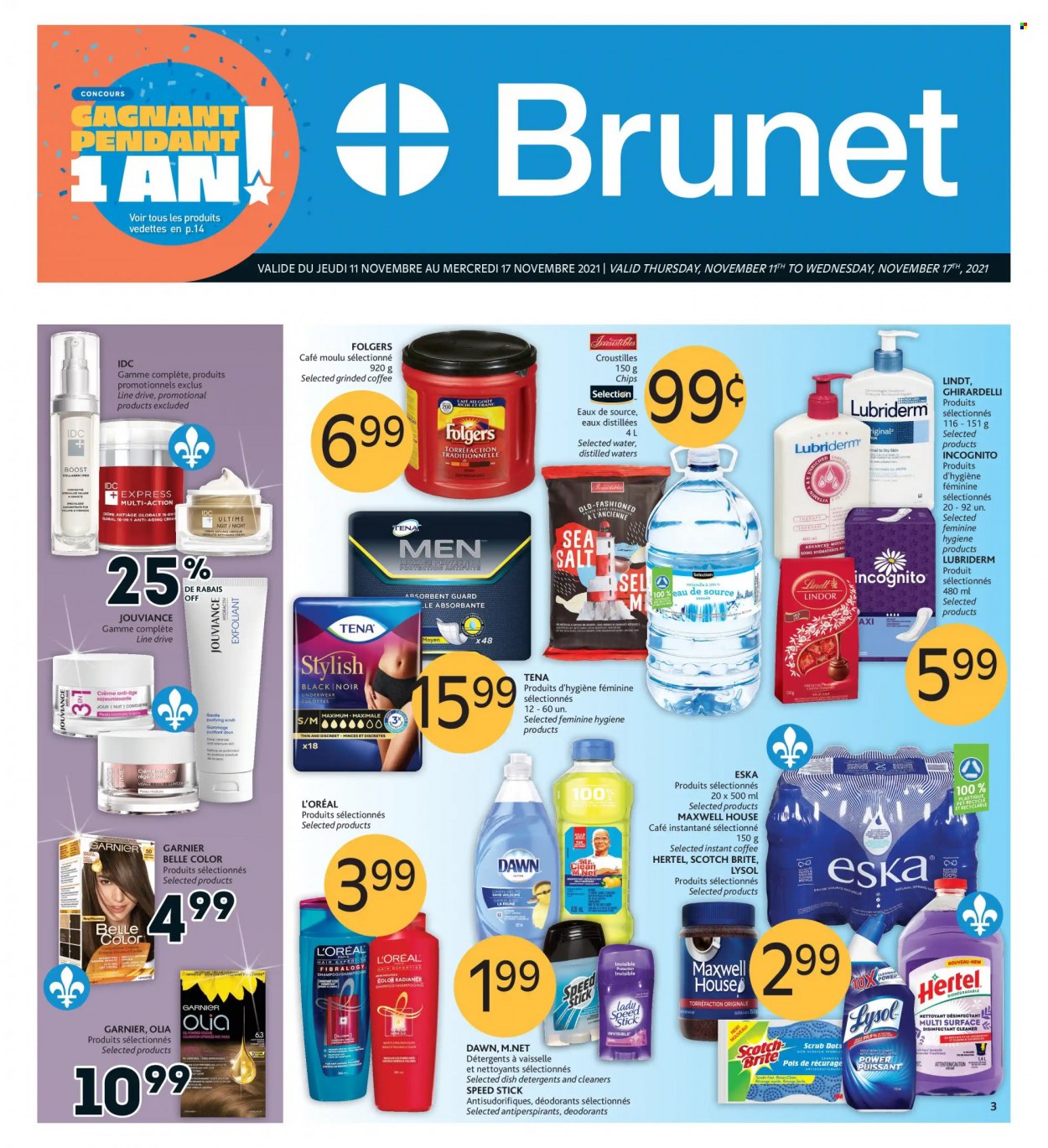 thumbnail - Brunet Flyer - November 11, 2021 - November 17, 2021 - Sales products - cleaner, Lysol, L’Oréal, Lubriderm, Speed Stick, Garnier, shampoo, Lindt, Lindor, desinfection, deodorant. Page 1.