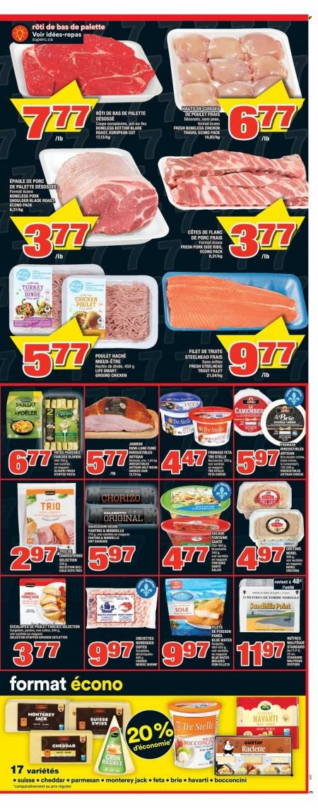 thumbnail - Super C Flyer - November 11, 2021 - November 17, 2021 - Sales products - salad, trout, bocconcini, Monterey Jack cheese, raclette cheese, Havarti, cheddar, parmesan, cheese, brie, feta, ground chicken, chicken, Palette, chorizo. Page 4.