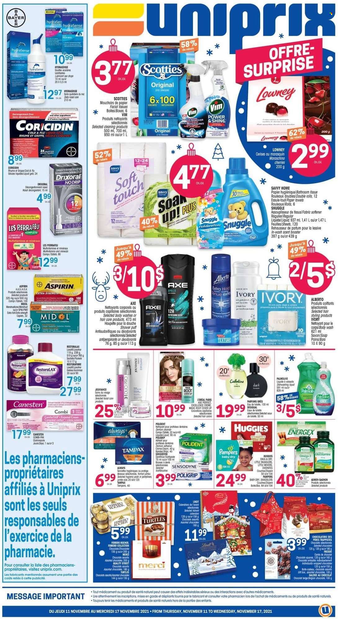 thumbnail - Uniprix Flyer - November 11, 2021 - November 17, 2021 - Sales products - chocolate, Merci, Maraschino cherries, nappies, bath tissue, kitchen towels, paper towels, Snuggle, fabric softener, body wash, Palmolive, soap, Polident, tampons, facial tissues, L’Oréal, lubricant, Coricidin, Cold & Flu, glucosamine, Omega-3, aspirin, Bayer, Tampax, Huggies, Pampers, Sensodyne, Lindt, Ferrero Rocher, deodorant. Page 1.