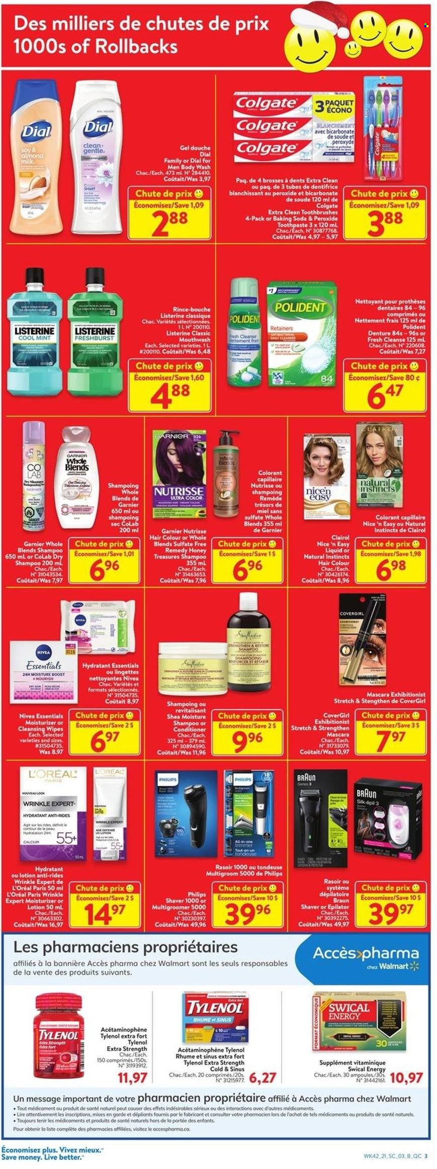thumbnail - Circulaire Walmart - 11 Novembre 2021 - 17 Novembre 2021 - Produits soldés - Philips, soda, shampooing, rasoir, dentifrice, gel douche, lingettes, L'Oréal, Braun, Colgate, Garnier, Nivea, Listerine, mascara. Page 3.
