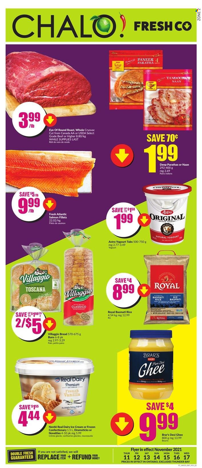 thumbnail - Chalo! FreshCo. Flyer - November 11, 2021 - November 17, 2021 - Sales products - bread, buns, salmon, salmon fillet, paneer, ghee, ice cream, basmati rice, rice, Classico, beef meat, eye of round, round roast, Nestlé. Page 1.