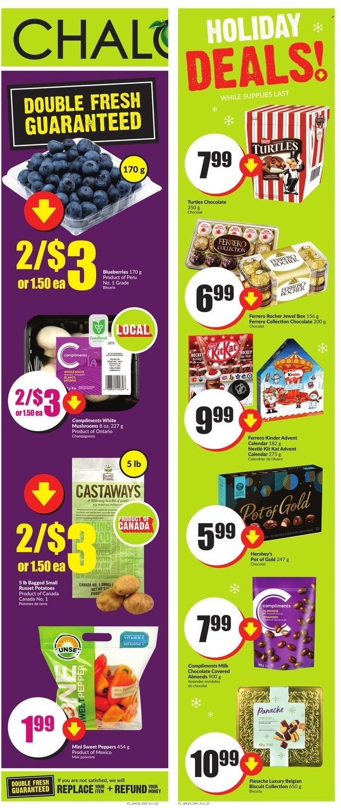 thumbnail - Circulaire Chalo! FreshCo. - 11 Novembre 2021 - 17 Novembre 2021 - Produits soldés - champignon, chocolat, biscuits, Nestlé, amandes, calendrier de l'avent, Kinder, Ferrero Rocher. Page 3.
