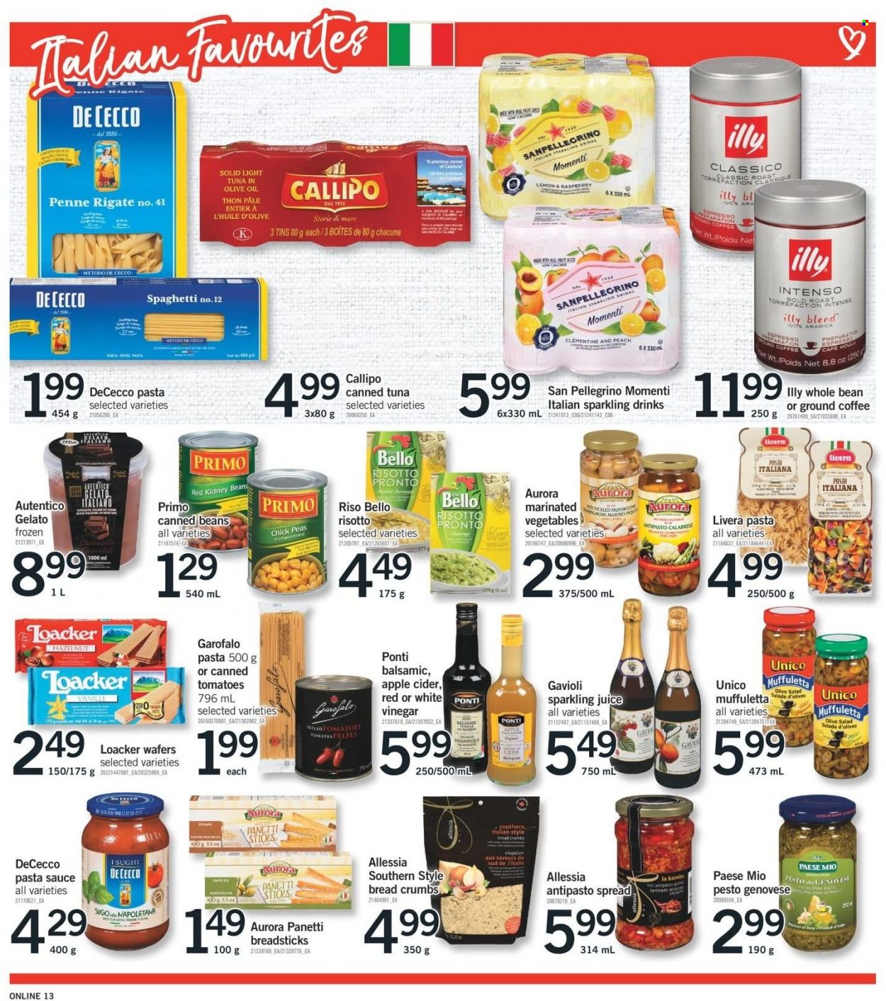 thumbnail - Fortinos Flyer - November 11, 2021 - November 17, 2021 - Sales products - Ace, breadcrumbs, tomatoes, peas, salad, tuna, risotto, spaghetti, pasta sauce, sauce, gelato, wafers, bread sticks, canned tuna, kidney beans, penne, Classico, vinegar, olive oil, oil, juice, sparkling juice, San Pellegrino, coffee, ground coffee, Intenso, Illy, apple cider, cider, pesto, olives. Page 12.