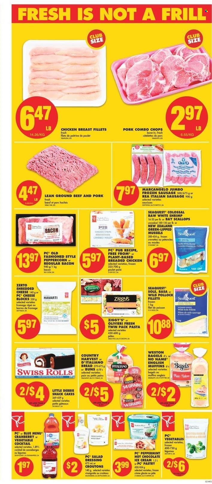 thumbnail - No Frills Flyer - November 11, 2021 - November 17, 2021 - Sales products - bagels, bread, english muffins, cake, buns, mussels, scallops, pollock, shrimps, No Name, pasta, fried chicken, bacon, sausage, italian sausage, shredded cheese, Havarti, ice cream, Country Harvest, snack, croutons, salad dressing, dressing, hot chocolate, chicken, beef meat, ground beef. Page 4.