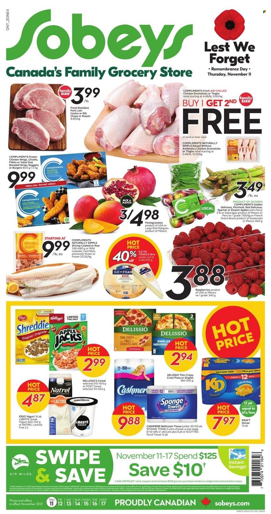 thumbnail - Sobeys Flyer - November 11, 2021 - November 17, 2021 - Sales products - asparagus, beans, green beans, apples, mango, Red Delicious apples, Golden Delicious, pomegranate, cod, shrimps, pizza, nuggets, Kraft®, pepperoni, brie, greek yoghurt, yoghurt, chicken wings, strips, Kellogg's, cereals, chicken drumsticks, chicken, pork loin, pork meat, rib chops, bath tissue. Page 1.