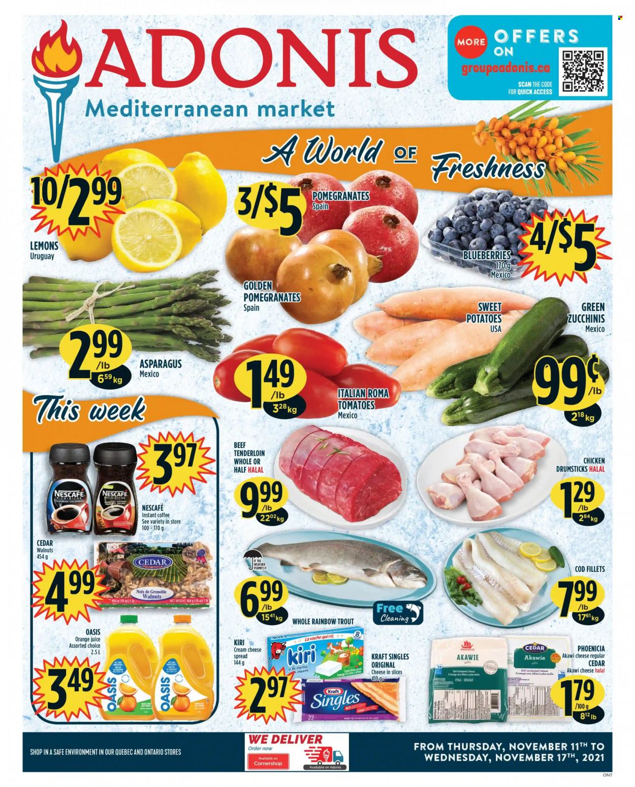 thumbnail - Adonis Flyer - November 11, 2021 - November 17, 2021 - Sales products - sweet potato, tomatoes, potatoes, blueberries, pomegranate, lemons, cod, trout, Kraft®, cheese spread, cream cheese, sandwich slices, cheddar, Kiri, The Laughing Cow, Kraft Singles, walnuts, orange juice, juice, instant coffee, chicken drumsticks, chicken, beef meat, beef tenderloin, Nescafé. Page 1.