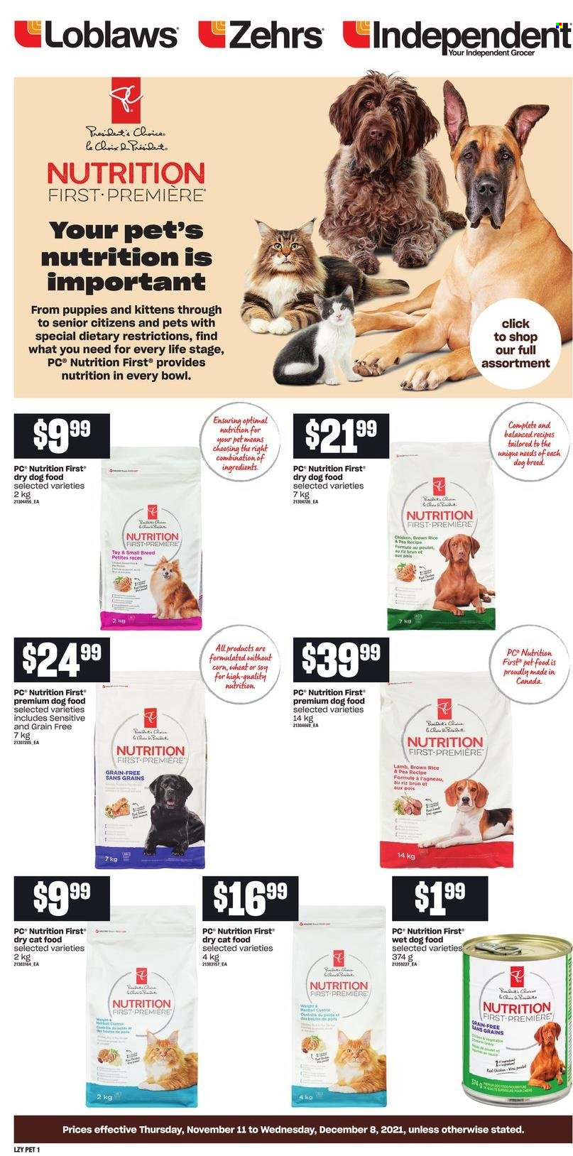 thumbnail - Loblaws Flyer - November 11, 2021 - December 08, 2021 - Sales products - corn, brown rice, rice, bowl, PREMIERE, animal food, cat food, dog food, wet dog food, dry dog food, dry cat food. Page 1.