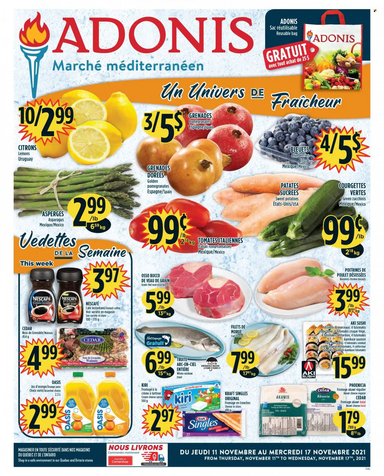 thumbnail - Adonis Flyer - November 11, 2021 - November 17, 2021 - Sales products - asparagus, sweet potato, tomatoes, potatoes, blueberries, pomegranate, lemons, cod, trout, crab, Kraft®, cheese spread, cream cheese, sandwich slices, cheddar, Kiri, The Laughing Cow, Kraft Singles, walnuts, orange juice, juice, instant coffee, chicken breasts, Nescafé. Page 1.