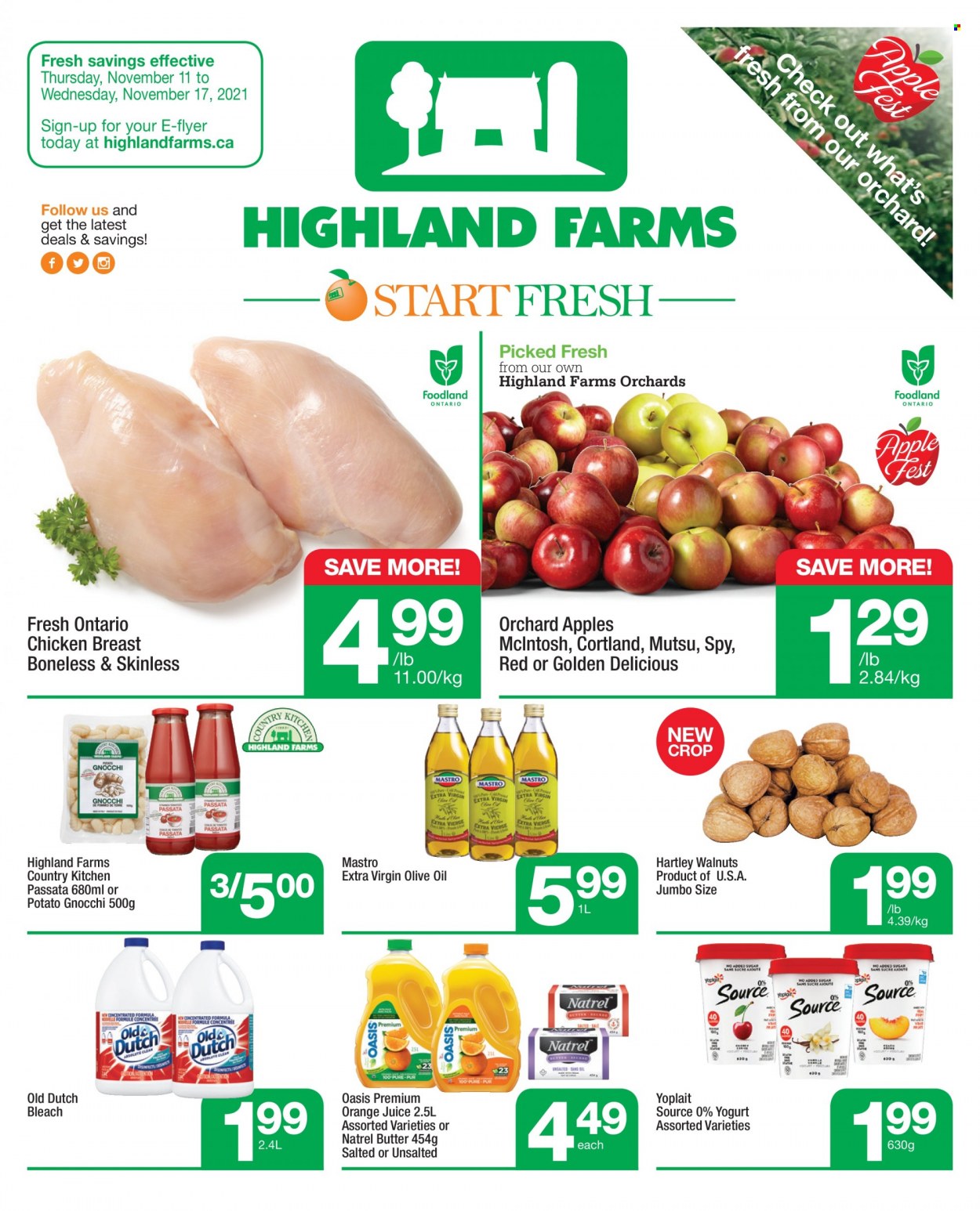 thumbnail - Circulaire Highland Farms - 11 Novembre 2021 - 17 Novembre 2021 - Produits soldés - Golden Delicious, gnocchi, Yoplait, Oasis. Page 1.