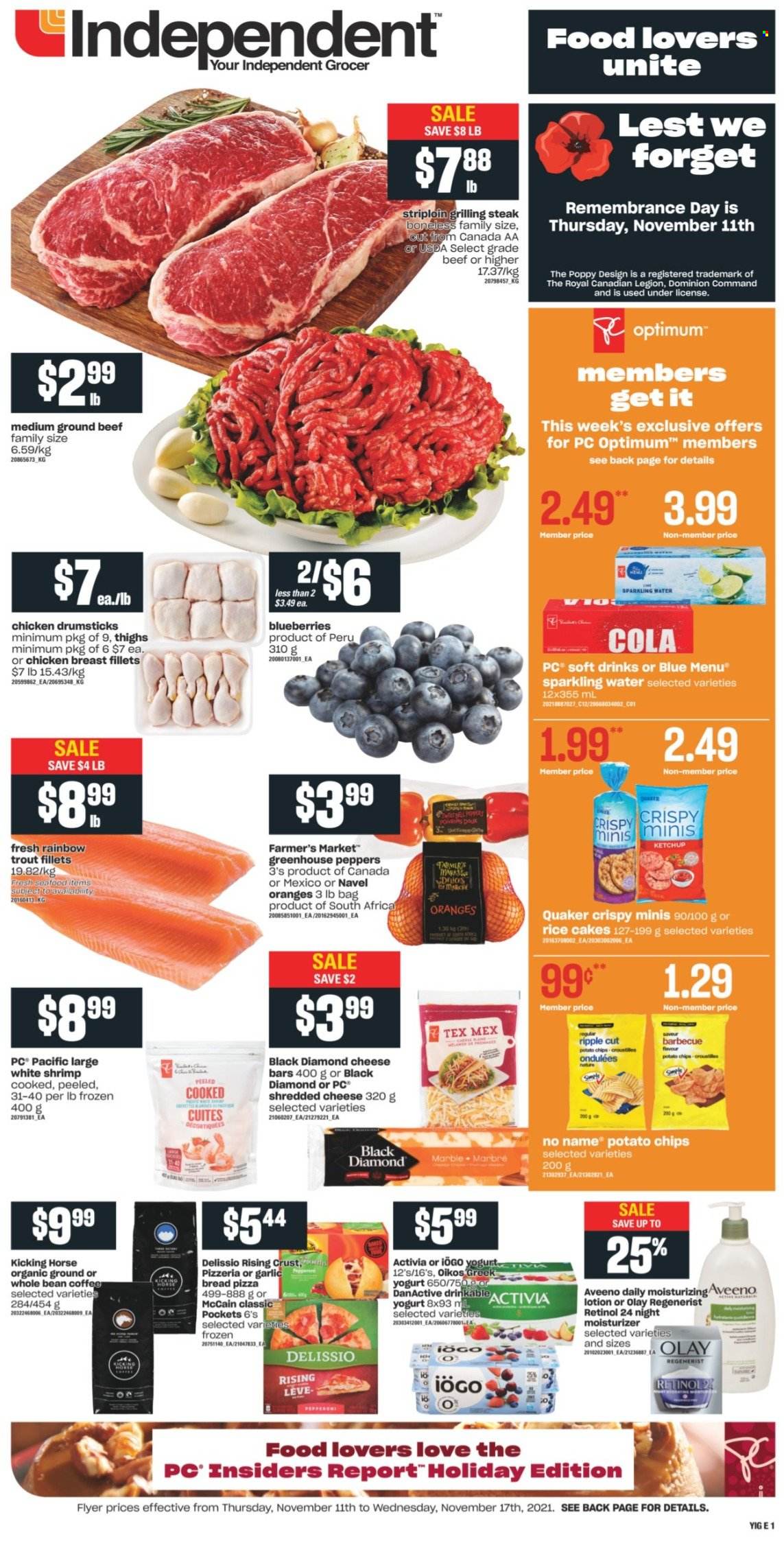 thumbnail - Independent Flyer - November 11, 2021 - November 17, 2021 - Sales products - bread, peppers, blueberries, navel oranges, trout, shrimps, No Name, pizza, Quaker, shredded cheese, greek yoghurt, yoghurt, Activia, Oikos, McCain, potato chips, soft drink, sparkling water, coffee, chicken breasts, chicken drumsticks, chicken, beef meat, ground beef, Aveeno, moisturizer, Olay, body lotion, Optimum, ketchup, steak, oranges. Page 1.
