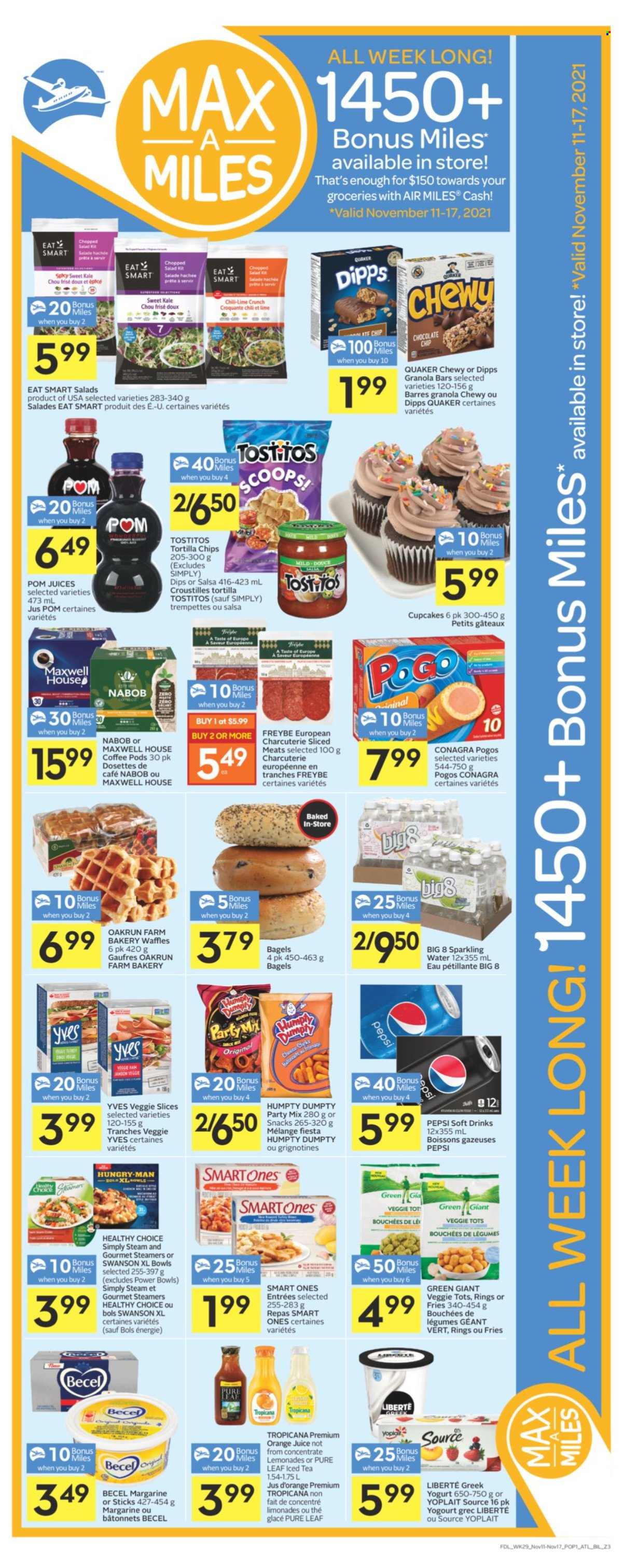 thumbnail - Co-op Flyer - November 11, 2021 - November 17, 2021 - Sales products - bagels, cupcake, waffles, kale, salad, chopped salad, Quaker, Healthy Choice, yoghurt, Yoplait, margarine, potato fries, tortilla chips, Tostitos, granola bar, salsa, Pepsi, orange juice, juice, ice tea, soft drink, sparkling water, Maxwell House, Pure Leaf, coffee pods, chips. Page 3.
