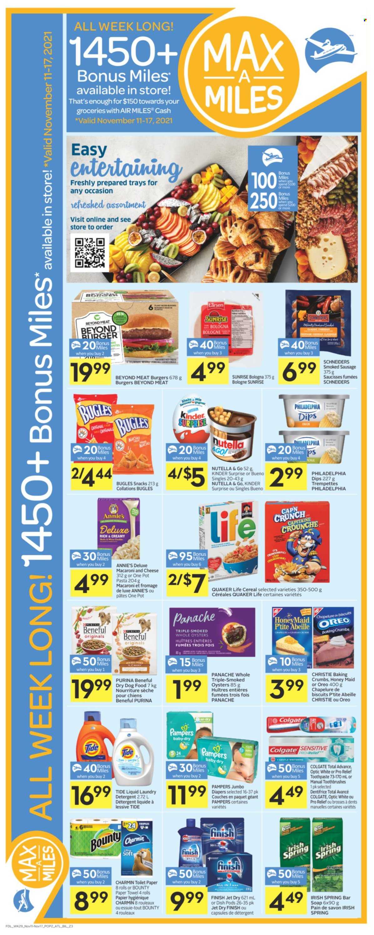 thumbnail - Co-op Flyer - November 11, 2021 - November 17, 2021 - Sales products - smoked oysters, oysters, macaroni & cheese, hamburger, pasta, Quaker, Annie's, sausage, smoked sausage, snack, Bounty, Kinder Surprise, biscuit, cereals, Honey Maid, Oreo, detergent, Colgate, Philadelphia, Pampers, Nutella. Page 4.