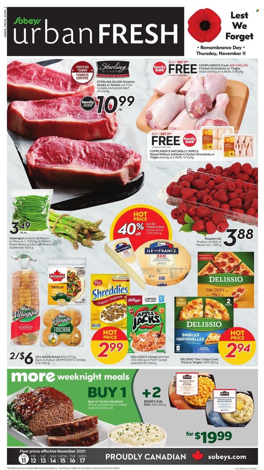 thumbnail - Sobeys Urban Fresh Flyer - November 11, 2021 - November 17, 2021 - Sales products - bread, tortillas, buns, asparagus, beans, green beans, pizza, meatloaf, brie, Kellogg's, cereals, Classico, chicken drumsticks, chicken, beef meat, striploin steak, steak. Page 1.