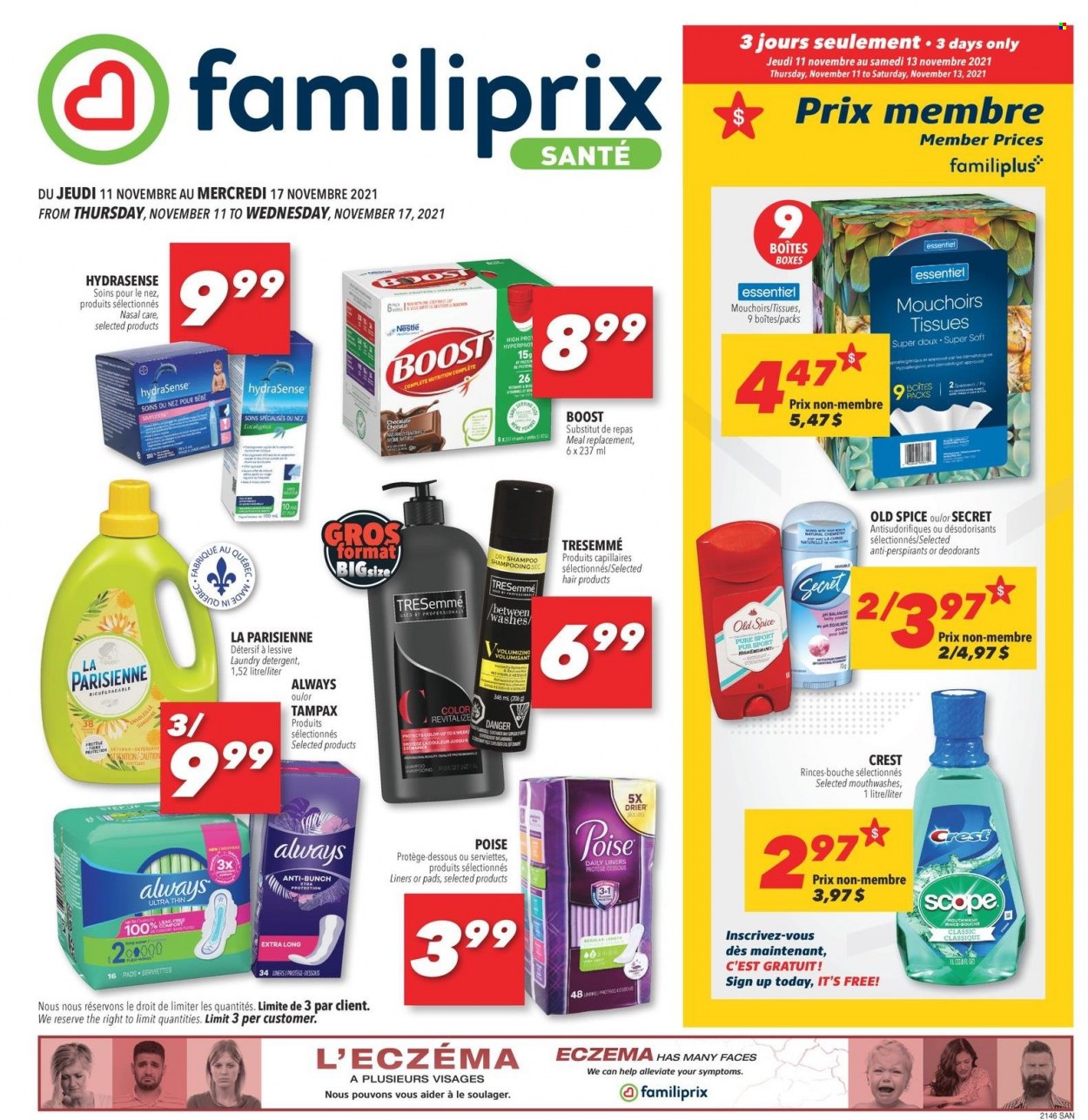 thumbnail - Familiprix Santé Flyer - November 11, 2021 - November 17, 2021 - Sales products - spice, Boost, tissues, laundry detergent, Crest, TRESemmé, Nestlé, detergent, Tampax, Old Spice, deodorant. Page 1.