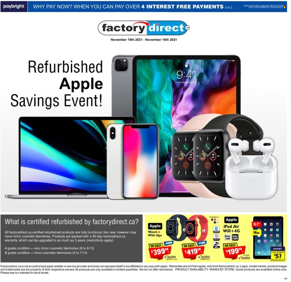 thumbnail - Factory Direct Flyer - November 10, 2021 - November 16, 2021 - Sales products - iPad, Apple Watch 6, Apple Watch. Page 1.