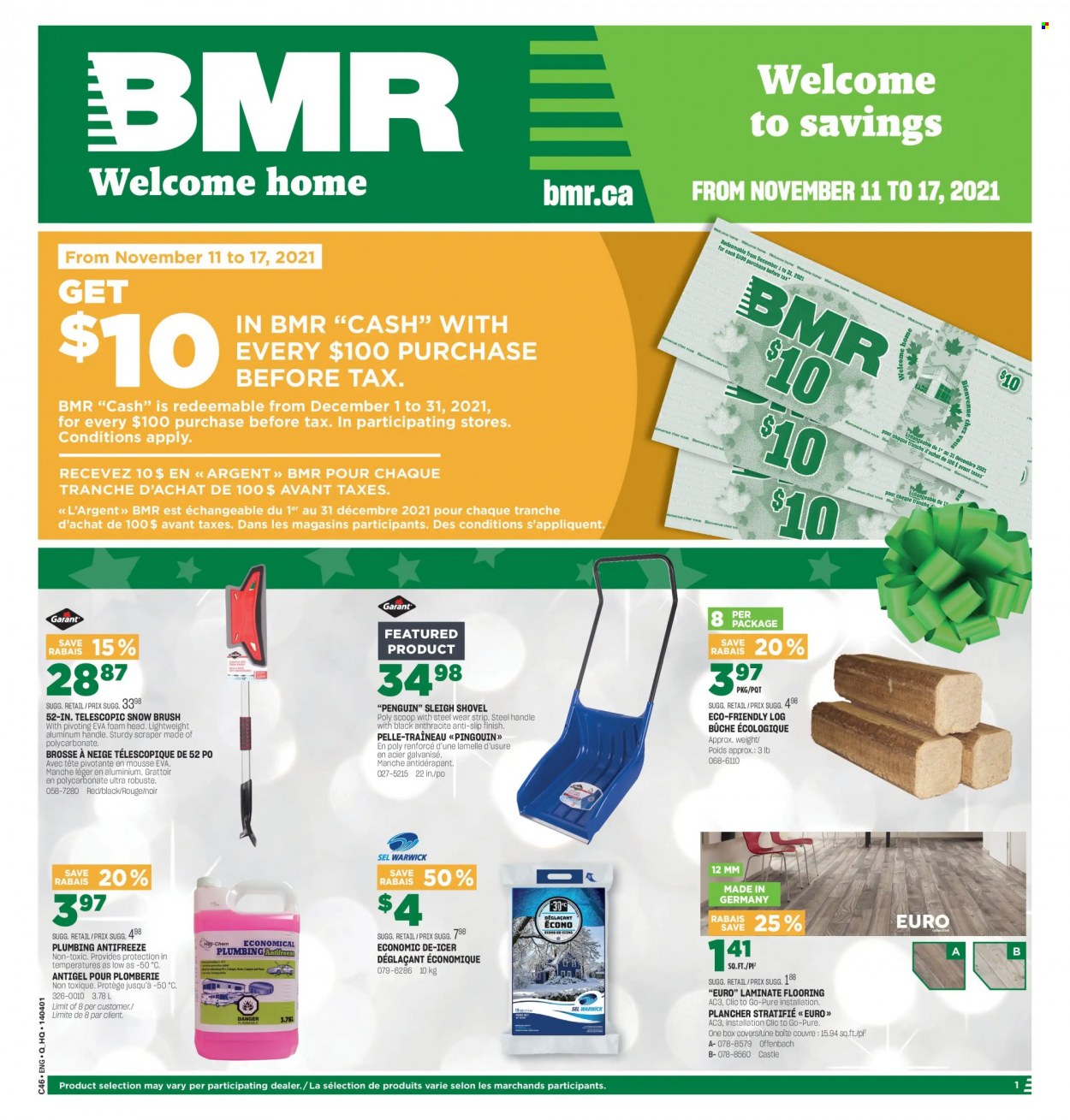 thumbnail - BMR Flyer - November 11, 2021 - November 17, 2021 - Sales products - flooring, laminate floor, shovel, antifreeze. Page 1.