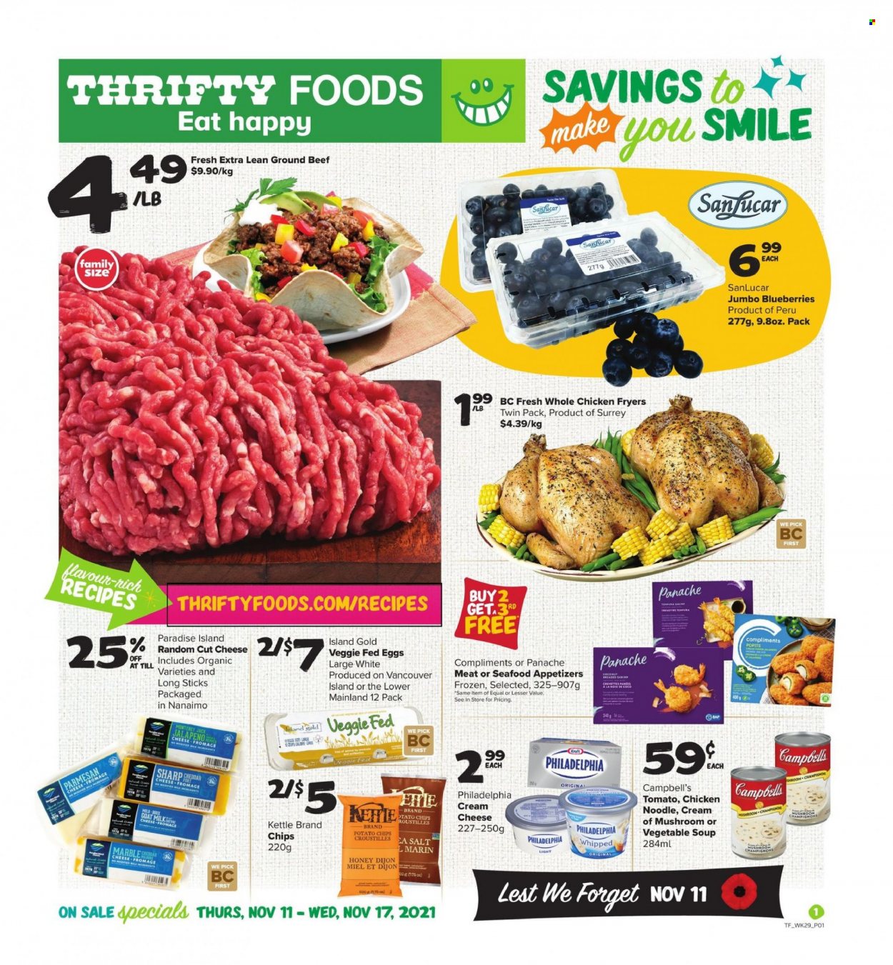 thumbnail - Circulaire Thrifty Foods - 11 Novembre 2021 - 17 Novembre 2021 - Produits soldés - champignon, crevettes, fromage, parmesan, chips, Philadelphia. Page 1.