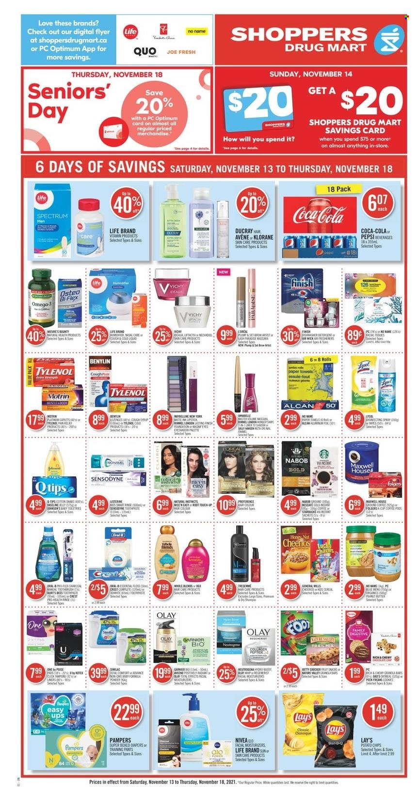 thumbnail - Shoppers Drug Mart Flyer - November 13, 2021 - November 18, 2021 - Sales products - chocolate, snack, Bounty, potato chips, Lay’s, cereals, Cheerios, granola bar, peanut butter, syrup, trail mix, Coca-Cola, Pepsi, Boost, coffee, Folgers, ground coffee, Starbucks, Similac, pants, nappies, baby pants, kitchen towels, paper towels, Vichy, toothpaste, Crest, tampons, L’Oréal, moisturizer, Olay, Palette, hair color, Klorane, lipstick, mascara, Rimmel, humidifier, Tylenol, Omega-3, Osteo bi-flex, Bi-Flex, Spectrum, Benylin, Motrin, detergent, Garnier, Maybelline, Neutrogena, Pampers, Nivea, Oral-B, chips, Sensodyne, Nescafé. Page 1.