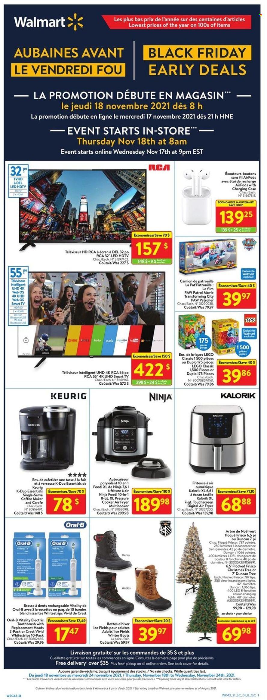 thumbnail - Walmart Flyer - November 17, 2021 - November 24, 2021 - Sales products - webos, Paw Patrol, Frisco, Keurig, toothbrush, Crest, bijzettafel, pressure cooker, RCA, UHD TV, HDTV, TV, Airpods, coffee machine, air fryer, christmas tree, boots, winter boots, LEGO Duplo, LEGO Classic, LEGO, smart tv, Oral-B. Page 1.