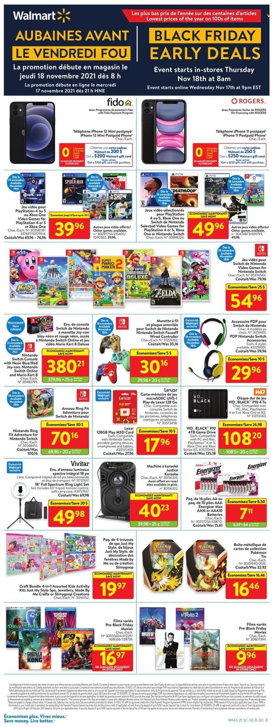 thumbnail - Walmart Flyer - November 17, 2021 - November 24, 2021 - Sales products - Nintendo Switch, apples, Monster, pan, Pokémon, Vivitar, iPhone, iPhone 11, phone, iPhone 12, WD, PlayStation, PlayStation 4, tripod, remote control, light set, Spectrum, Energizer, Xbox One, Xbox. Page 3.