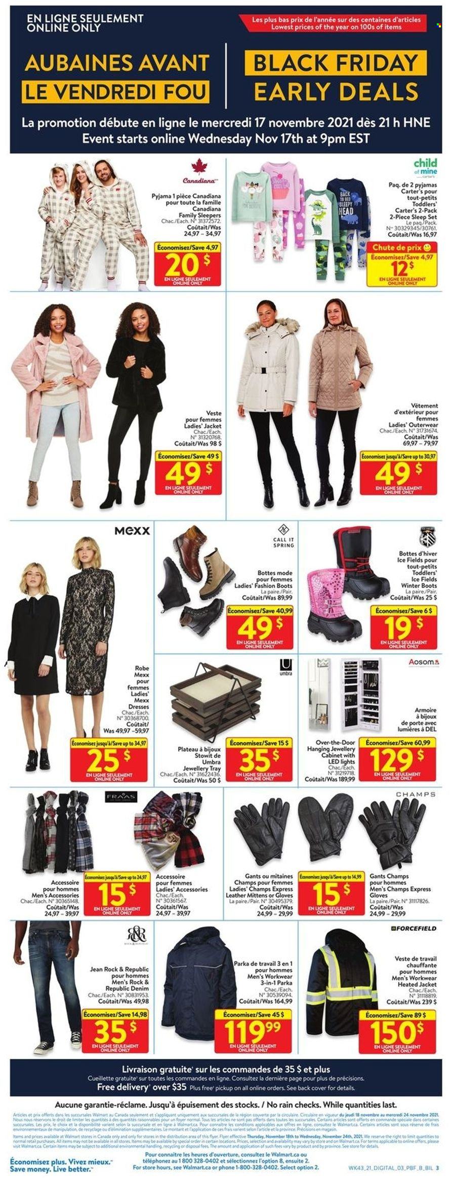 thumbnail - Walmart Flyer - November 17, 2021 - November 24, 2021 - Sales products - gloves, cabinet, cabinet with LED lights, jacket, dress, costume, pajamas, boots, winter boots, LED light, robe, parka, sleep set. Page 9.