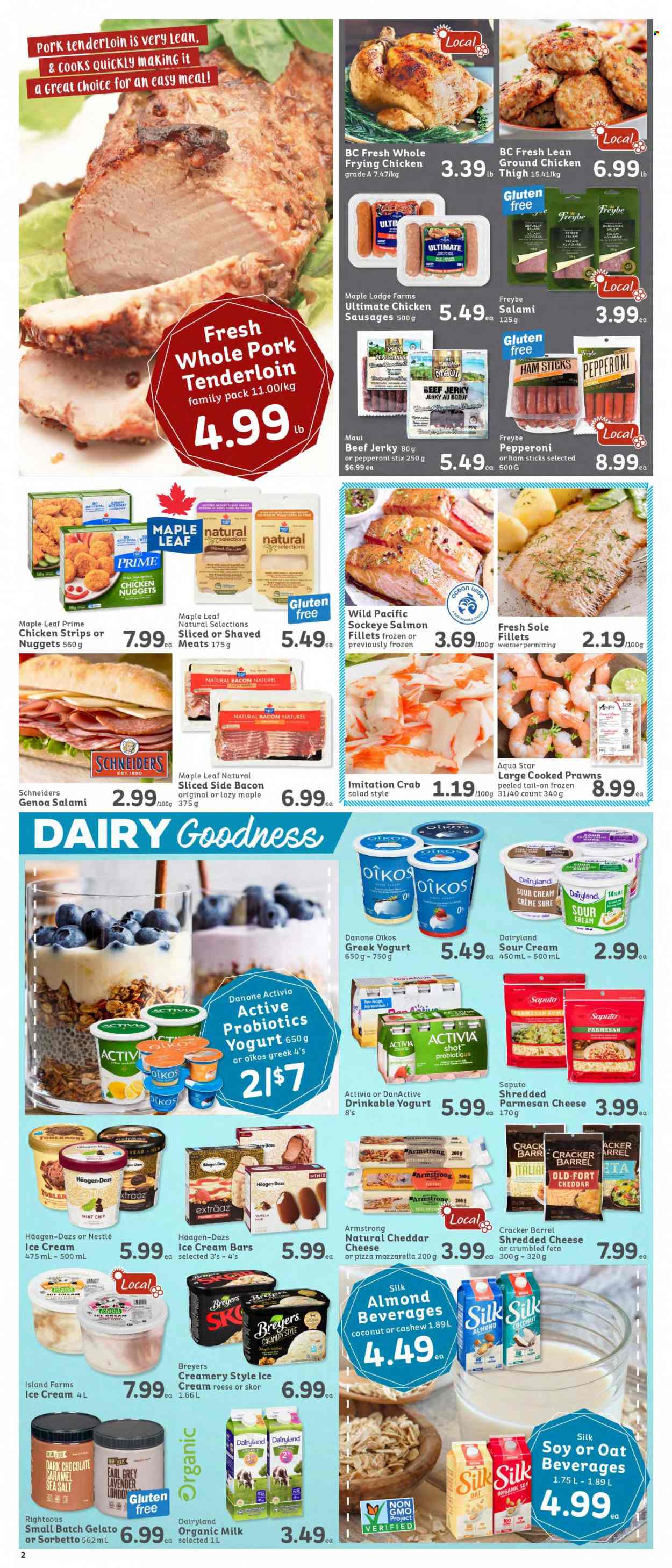 thumbnail - IGA Simple Goodness Flyer - November 12, 2021 - November 18, 2021 - Sales products - salad, salmon, prawns, crab, pizza, nuggets, chicken nuggets, bacon, beef jerky, salami, jerky, sausage, pepperoni, crab salad, shredded cheese, cheddar, parmesan, feta, greek yoghurt, yoghurt, probiotic yoghurt, Activia, Oikos, organic milk, sour cream, ice cream, ice cream bars, Häagen-Dazs, gelato, strips, chicken strips, crackers, dark chocolate, pepper, caramel, ground chicken, chicken, pork meat, pork tenderloin, Danone, Nestlé. Page 2.