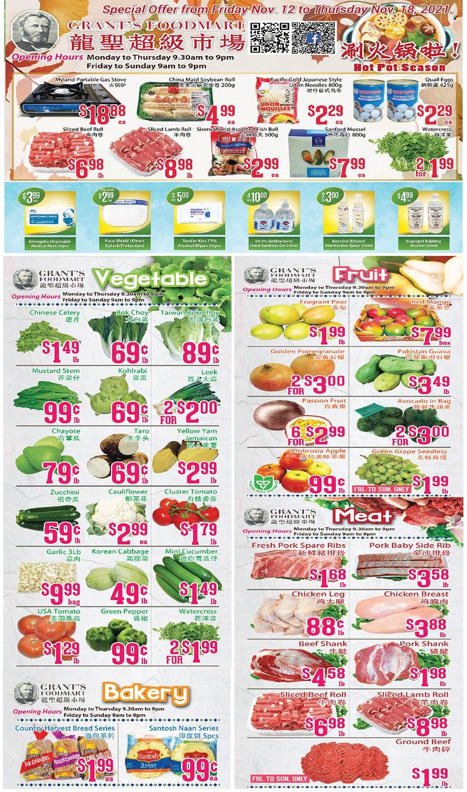 thumbnail - Grant's Foodmart Flyer - November 12, 2021 - November 18, 2021 - Sales products - bread, bok choy, cabbage, cauliflower, celery, garlic, leek, zucchini, green pepper, avocado, guava, mango, pears, pomegranate, chayote, mussels, noodles, eggs, Country Harvest, watercress, mustard, Grant's, quail, chicken breasts, chicken legs, chicken, beef meat, beef shank, ground beef, pork meat, pork ribs, pork spare ribs, hand sanitizer, kohlrabi. Page 1.