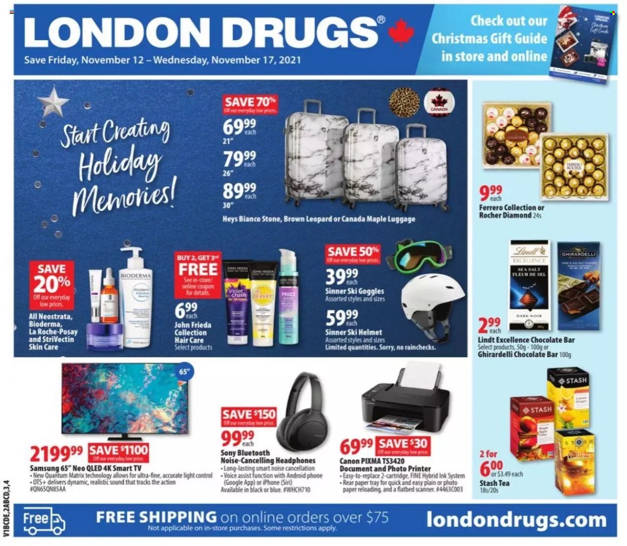 thumbnail - Circulaire London Drugs - 12 Novembre 2021 - 17 Novembre 2021 - Produits soldés - téléviseur, smart tv, Sony, Samsung, Canon, scanner, Bioderma, iPhone, La Roche-Posay, Lindt. Page 1.