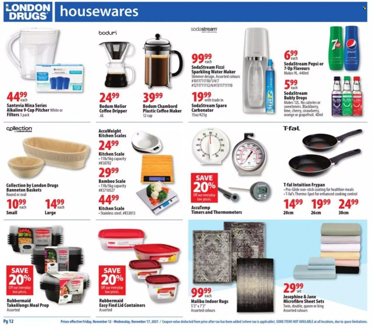 thumbnail - London Drugs Flyer - November 12, 2021 - November 17, 2021 - Sales products - scale, Pepsi, 7UP, Malibu, basket, lid, pitcher, SodaStream, cup, kitchen scale, frying pan, coffee machine, water maker. Page 12.