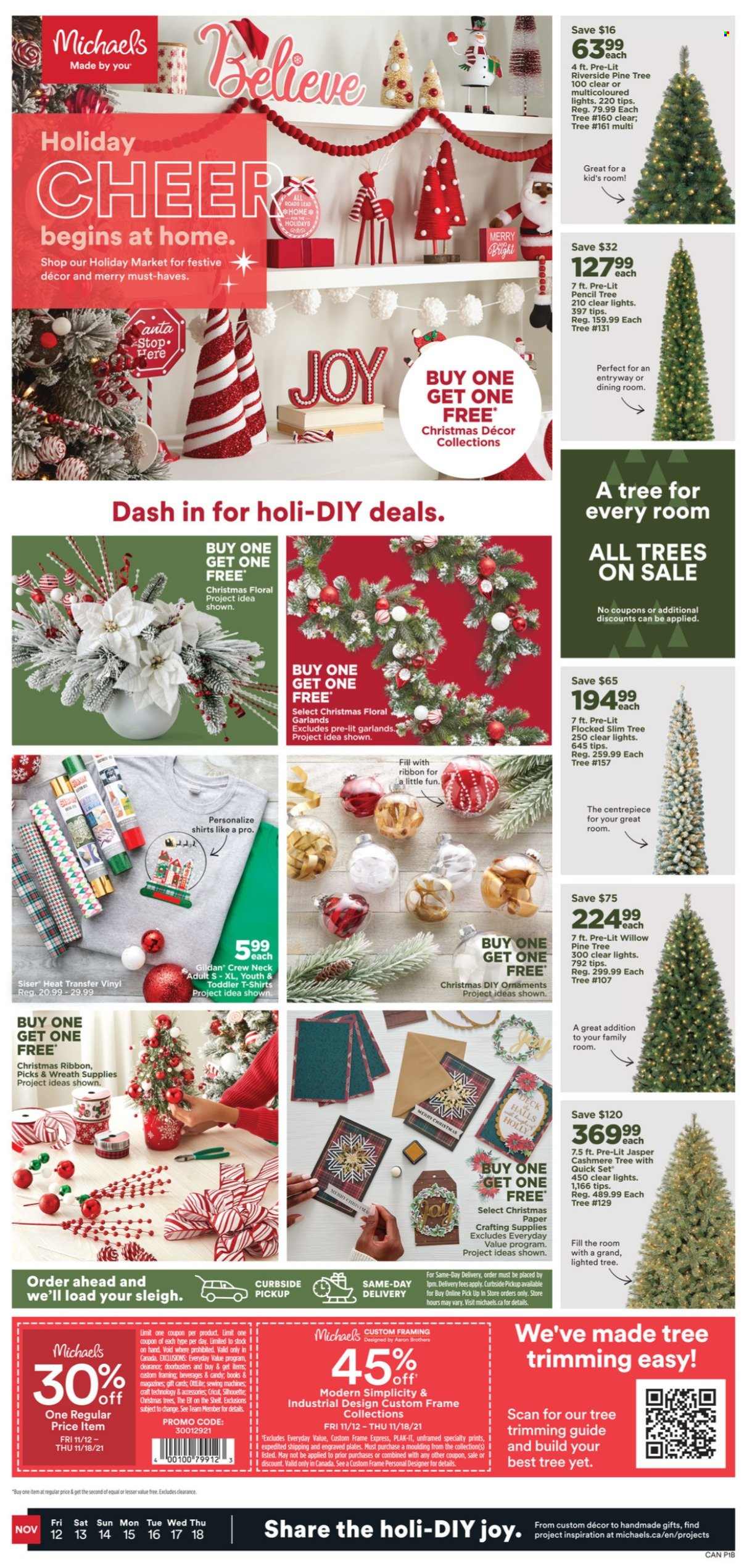 thumbnail - Michaels Flyer - November 12, 2021 - November 18, 2021 - Sales products - plate, paper, pencil, book, ribbon, wreath, christmas decor, t-shirt. Page 1.