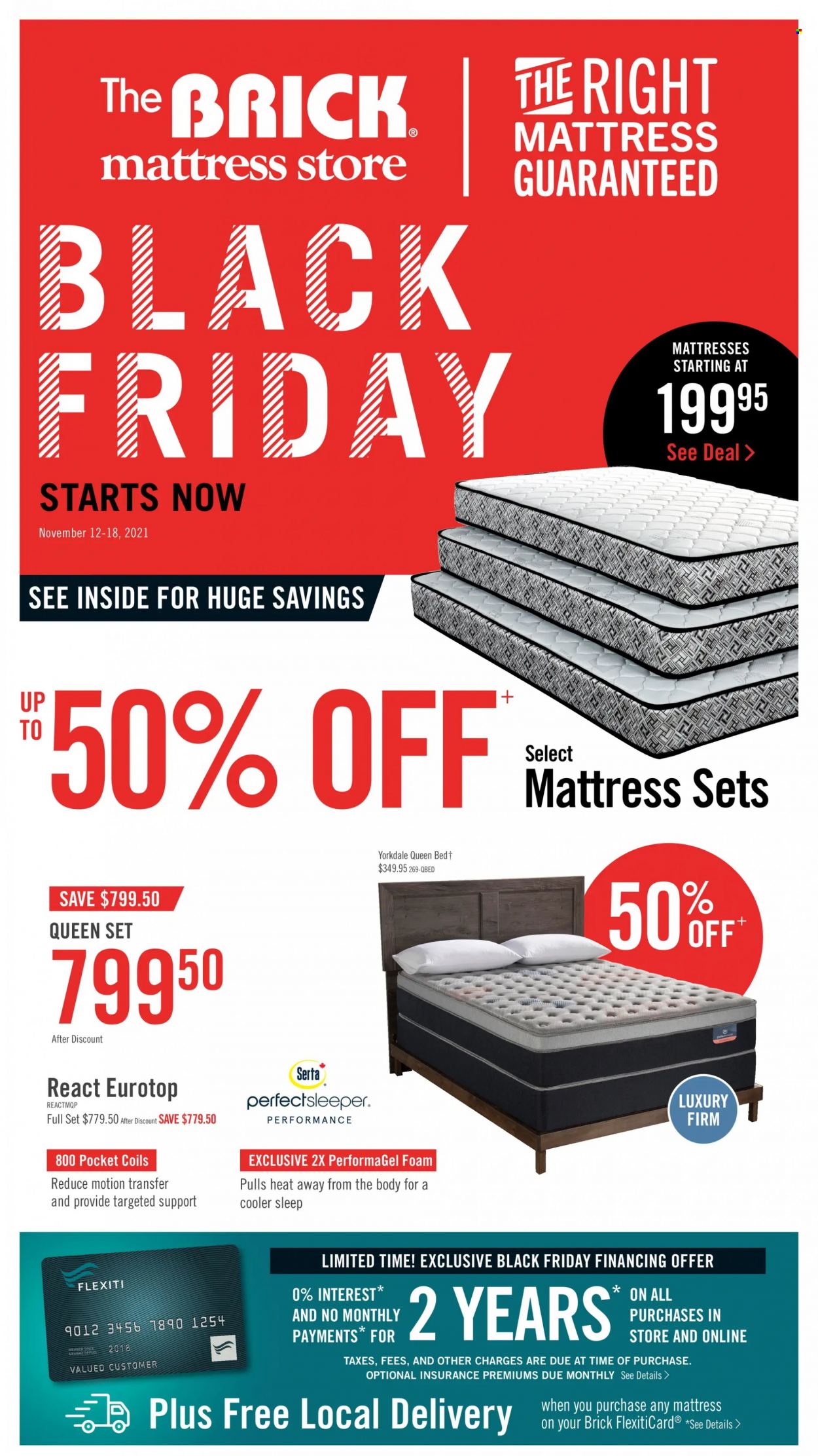 thumbnail - The Brick Flyer - November 12, 2021 - November 18, 2021 - Sales products - bed, queen bed, mattress. Page 1.