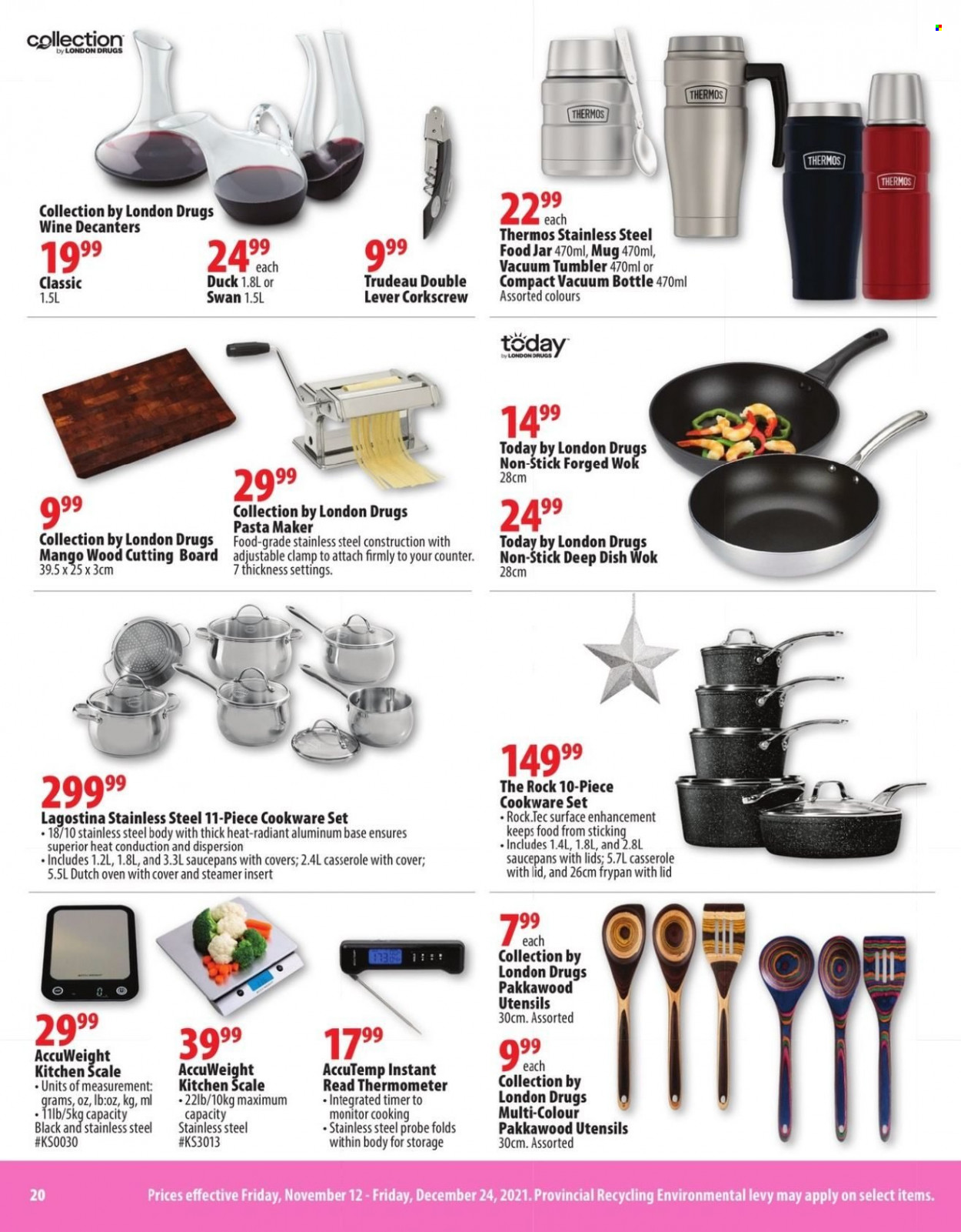 thumbnail - London Drugs Flyer - November 12, 2021 - December 24, 2021 - Sales products - scale, mango, pasta, thermometer, cookware set, cutting board, mug, tumbler, utensils, wok, casserole, corkscrew, kitchen scale, frying pan, cast iron dutch oven, jar, monitor. Page 20.