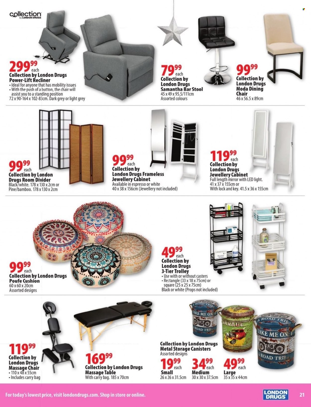 thumbnail - London Drugs Flyer - November 12, 2021 - December 24, 2021 - Sales products - trolley, chair pad, cushion, massage chair, cabinet, table, stool, chair, bar stool, dining chair, recliner chair, mirror, massage table. Page 21.