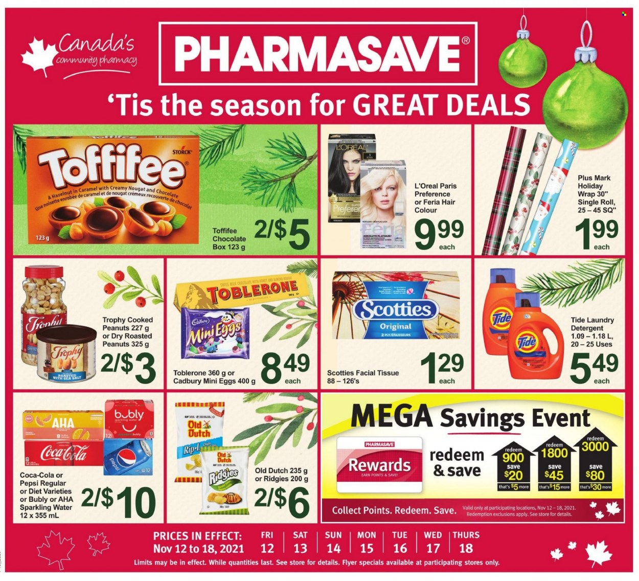 thumbnail - Pharmasave Flyer - November 12, 2021 - November 18, 2021 - Sales products - milk chocolate, Toblerone, Cadbury, caramel, roasted peanuts, peanuts, Coca-Cola, Pepsi, sparkling water, tissues, Tide, laundry detergent, L’Oréal, hair color, Absolute, detergent, chips, nougat. Page 1.