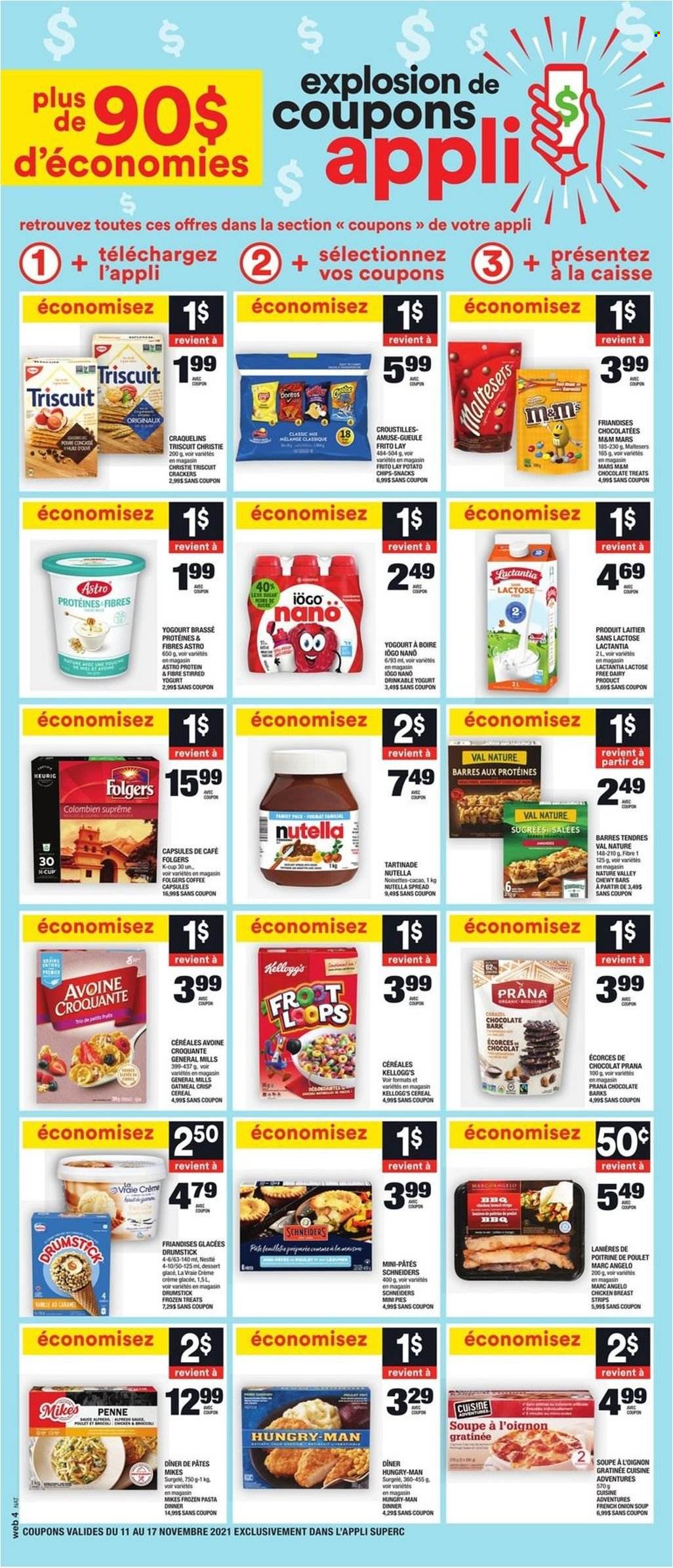 thumbnail - Super C Flyer - November 11, 2021 - November 17, 2021 - Sales products - onion soup, soup, yoghurt, strips, chocolate, snack, Mars, crackers, Kellogg's, Maltesers, potato chips, oatmeal, cereals, Nature Valley, penne, coffee, Folgers, coffee capsules, K-Cups, Keurig, chicken, Nutella, M&M's. Page 2.
