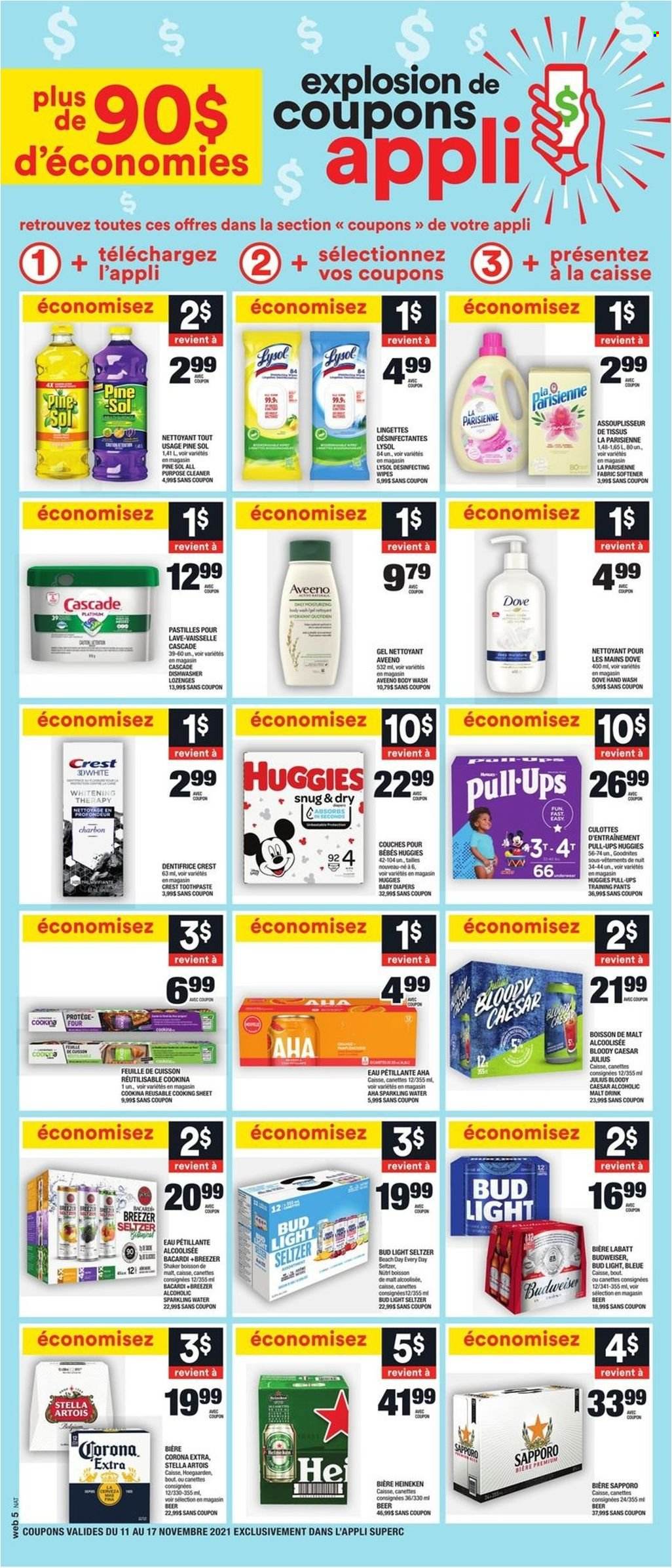 thumbnail - Super C Flyer - November 11, 2021 - November 17, 2021 - Sales products - pastilles, malt, sparkling water, Bacardi, Hard Seltzer, beer, Bud Light, Corona Extra, Heineken, wipes, pants, nappies, baby pants, Aveeno, cleaner, all purpose cleaner, Lysol, Pine-Sol, fabric softener, Cascade, hand wash, toothpaste, Crest, Budweiser, Dove, Stella Artois, Huggies. Page 3.