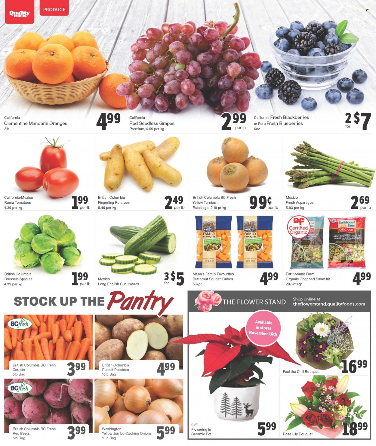thumbnail - Quality Foods Flyer - November 15, 2021 - November 21, 2021 - Sales products - asparagus, butternut squash, carrots, cucumber, russet potatoes, tomatoes, potatoes, onion, salad, brussel sprouts, chopped salad, blackberries, blueberries, grapes, mandarines, seedless grapes, wine, rosé wine, pot, rutabaga, turnips, oranges. Page 2.