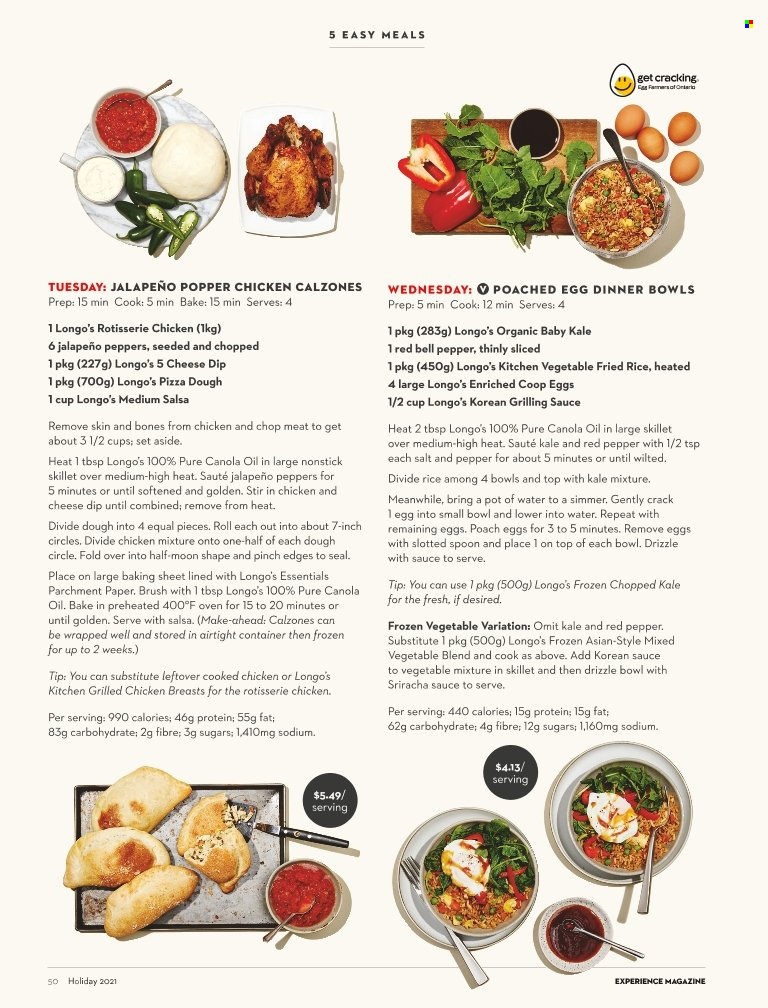 thumbnail - Longo's Flyer - Sales products - kale, chicken roast, eggs, pizza dough, mixed vegetables, sriracha, salsa, canola oil, chicken breasts. Page 38.