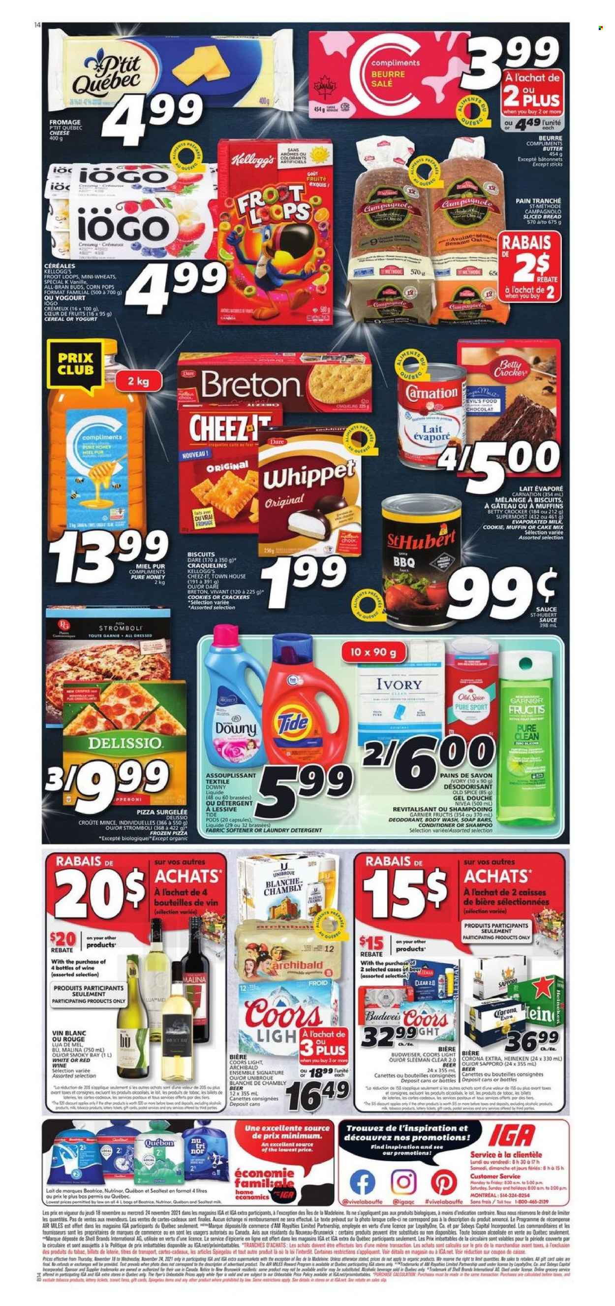 thumbnail - IGA Flyer - November 18, 2021 - November 24, 2021 - Sales products - bread, cake mix, pizza, yoghurt, evaporated milk, butter, cookies, crackers, Kellogg's, biscuit, Cheez-It, cereals, Corn Pops, All-Bran, spice, oil, honey, beer, Corona Extra, Heineken, Budweiser, Garnier, Old Spice, Coors. Page 2.