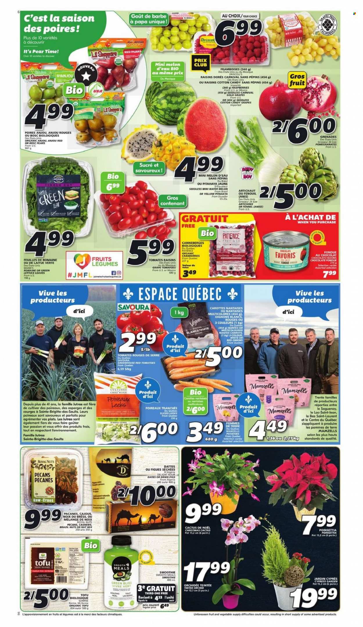 thumbnail - IGA Flyer - November 18, 2021 - November 24, 2021 - Sales products - artichoke, red onions, tomatoes, potatoes, onion, figs, pears, melons, pomegranate, tofu, chocolate, cotton candy, Merci, cranberries, fennel, cashews, pecans, dried fruit, dried figs, brazil nuts, smoothie, raisins. Page 3.