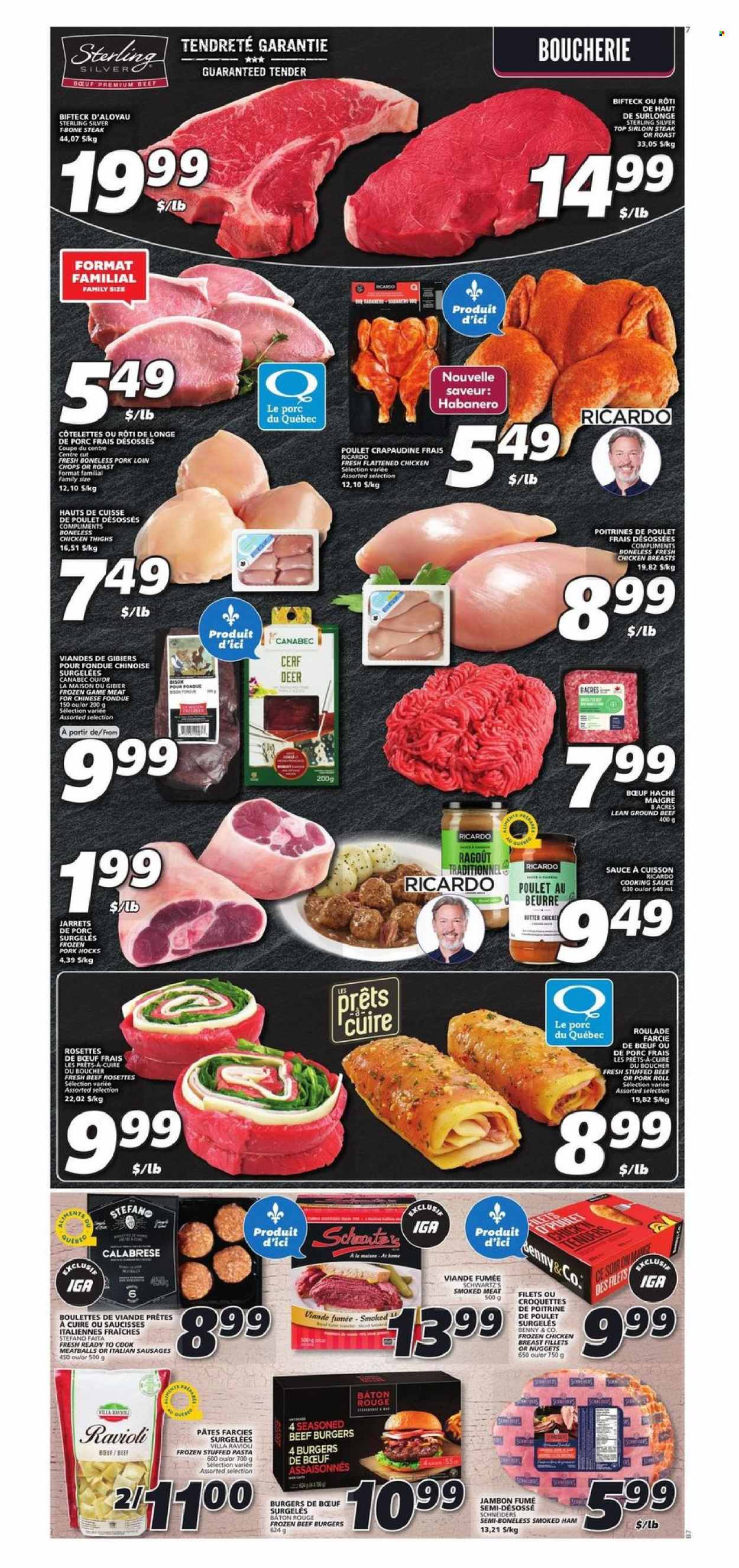 thumbnail - IGA Flyer - November 18, 2021 - November 24, 2021 - Sales products - ravioli, meatballs, nuggets, hamburger, pasta, sauce, beef burger, ham, smoked ham, sausage, potato croquettes, chicken breasts, chicken thighs, chicken, beef meat, ground beef, pork hock, pork chops, pork loin, pork meat, steak. Page 4.