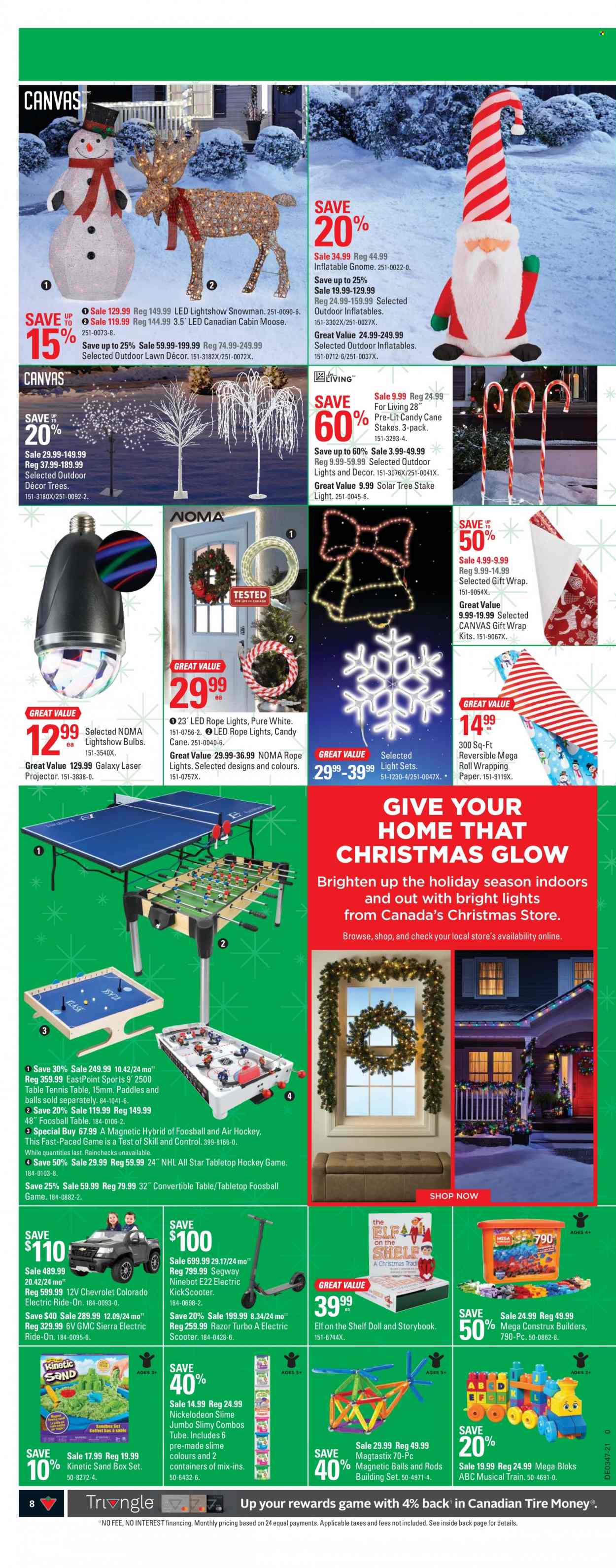 thumbnail - Canadian Tire Flyer - November 18, 2021 - November 25, 2021 - Sales products - gift wrap, wrapping paper, canvas, bulb, table, Elf, razor, table tennis table, building set, doll, Mega Bloks, air hockey table, train, nickelodeon slime, Slime, light set. Page 8.